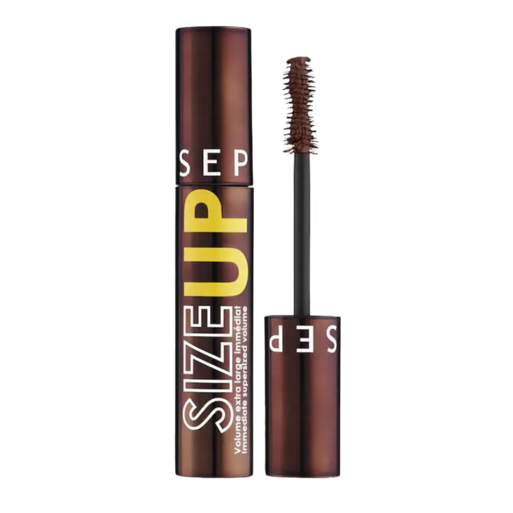 Mascara Sephora Size Up Brun, brosse volumisante pour un regard dense et long.