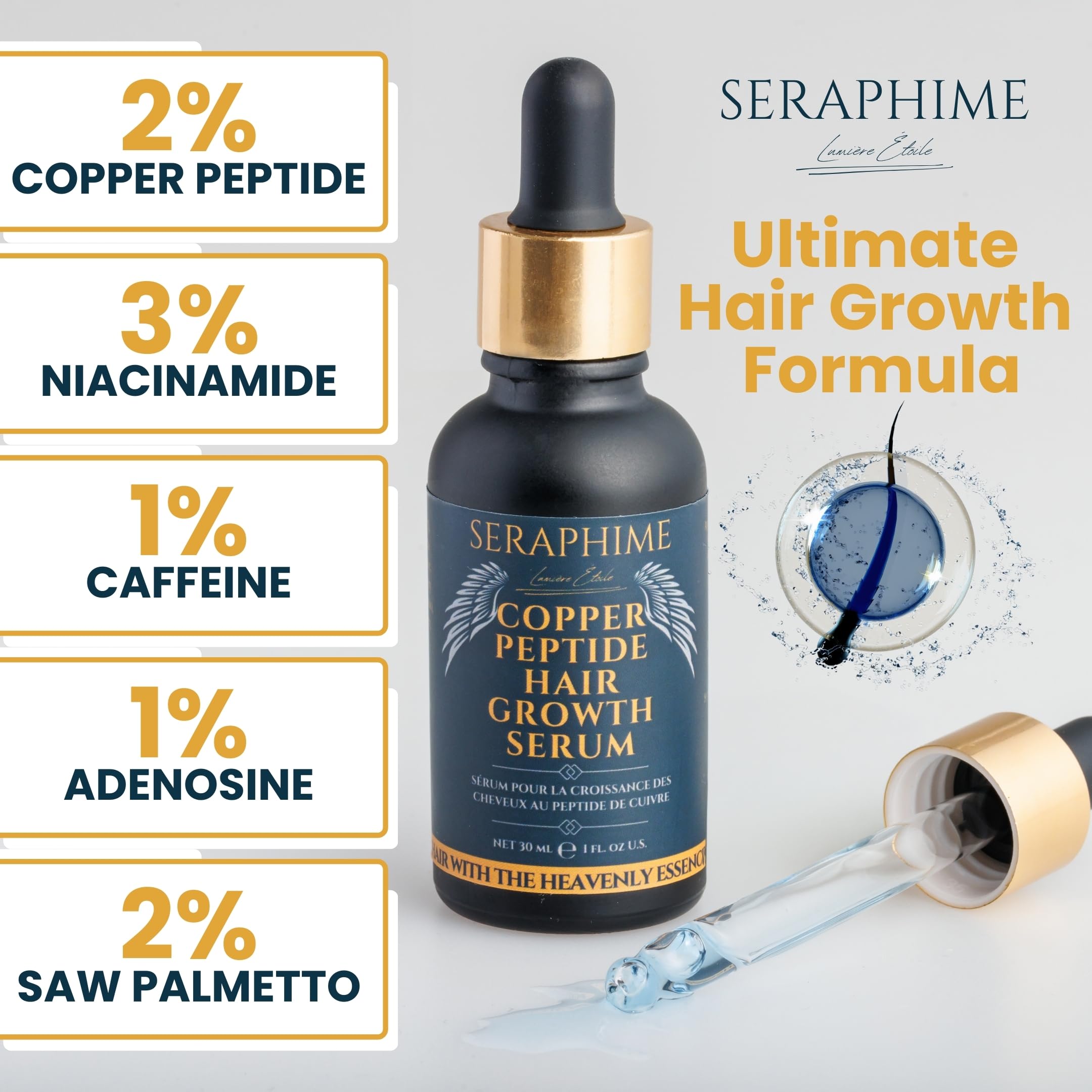 Goutte Seraphime sur cuir chevelu pour revitalisation ciblée.