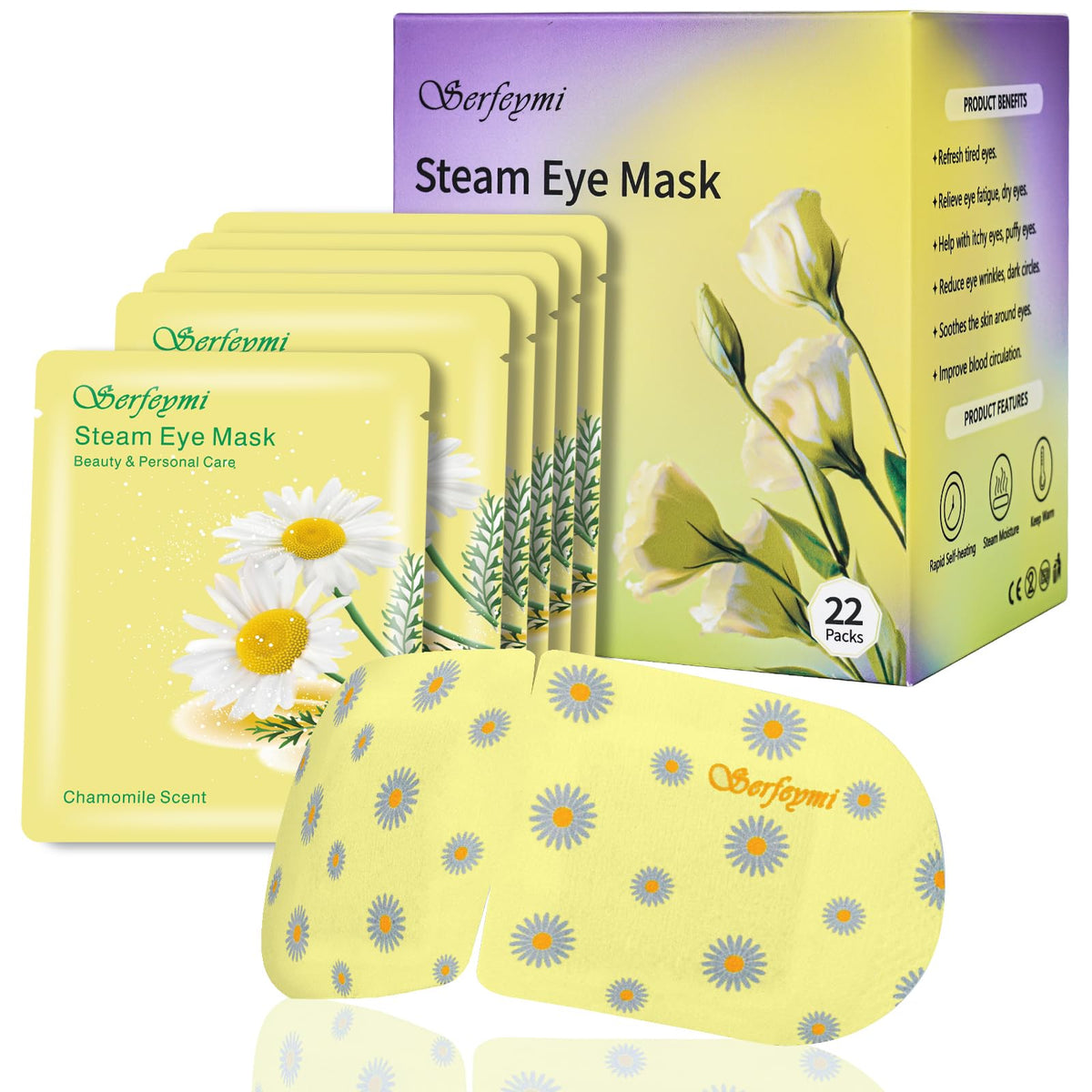 Masque Serfeymi yeux à vapeur chauffant pour relaxation oculaire.