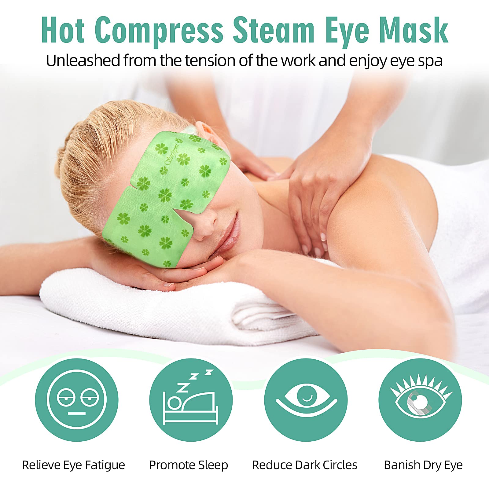 Serfeymi masque-yeux-vapeur-jetables-ensemble utilisé avant le sommeil pour la détente.