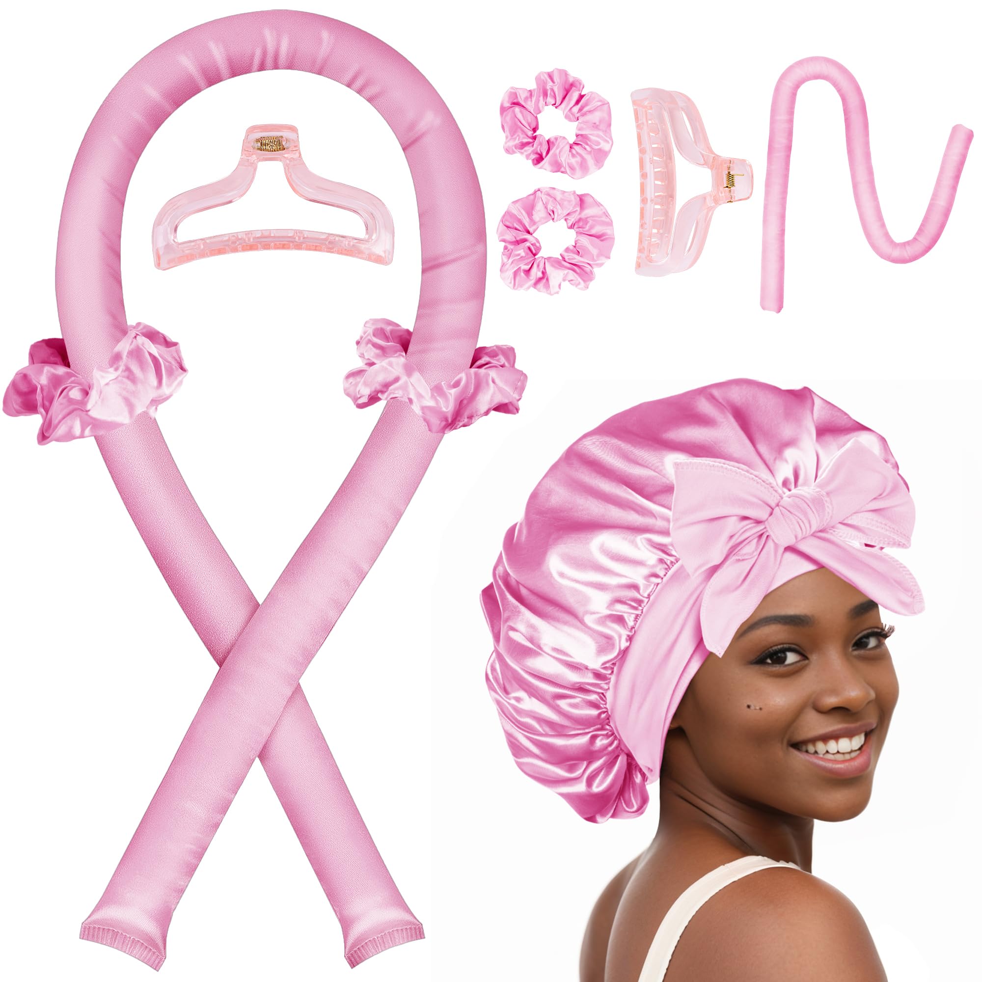Seritant Boucleur Sans Chaleur avec bonnet satin rose pour des boucles naturelles pendant la nuit.