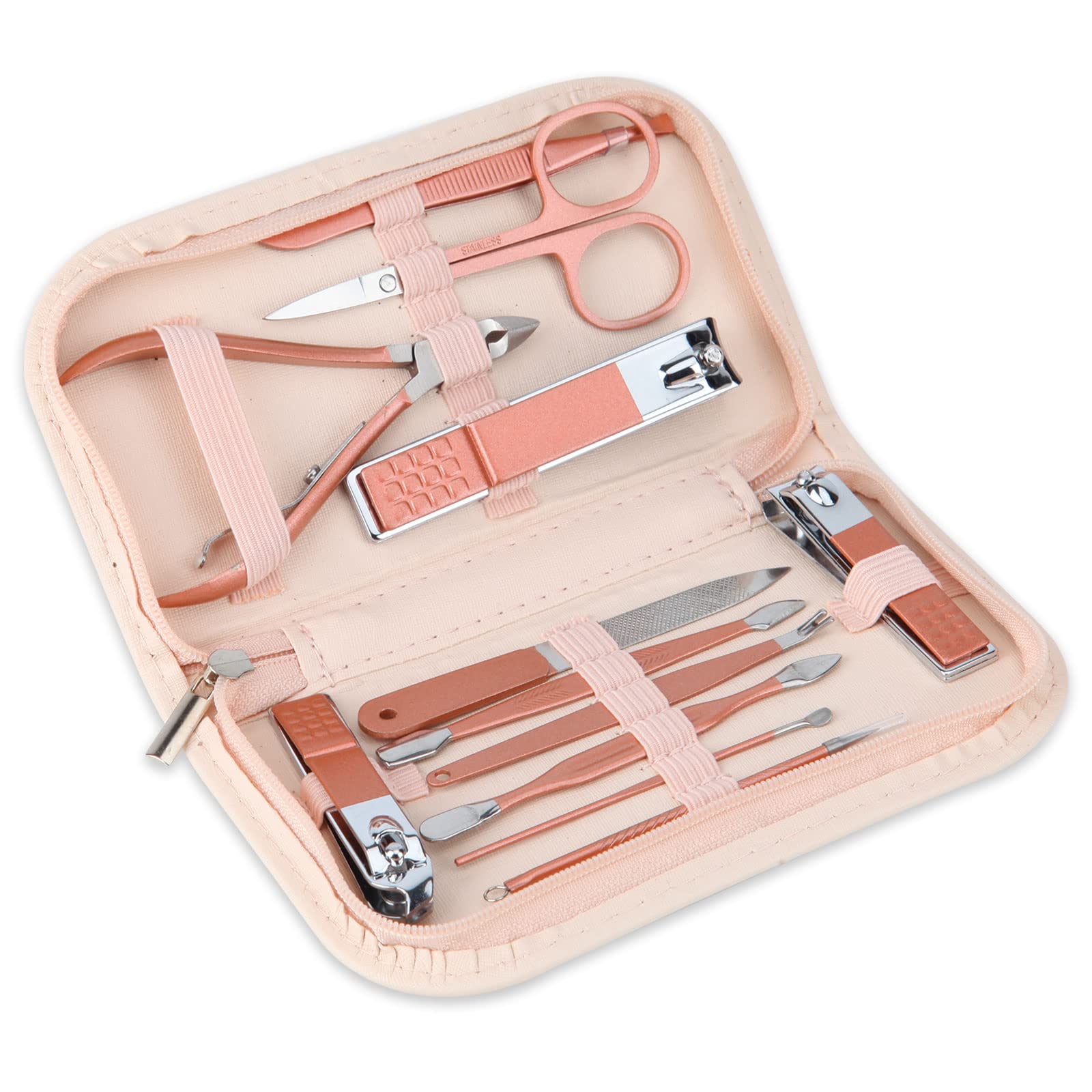 set-manucure-12-en-1 avec pochette rose : rangement pratique et transport facile