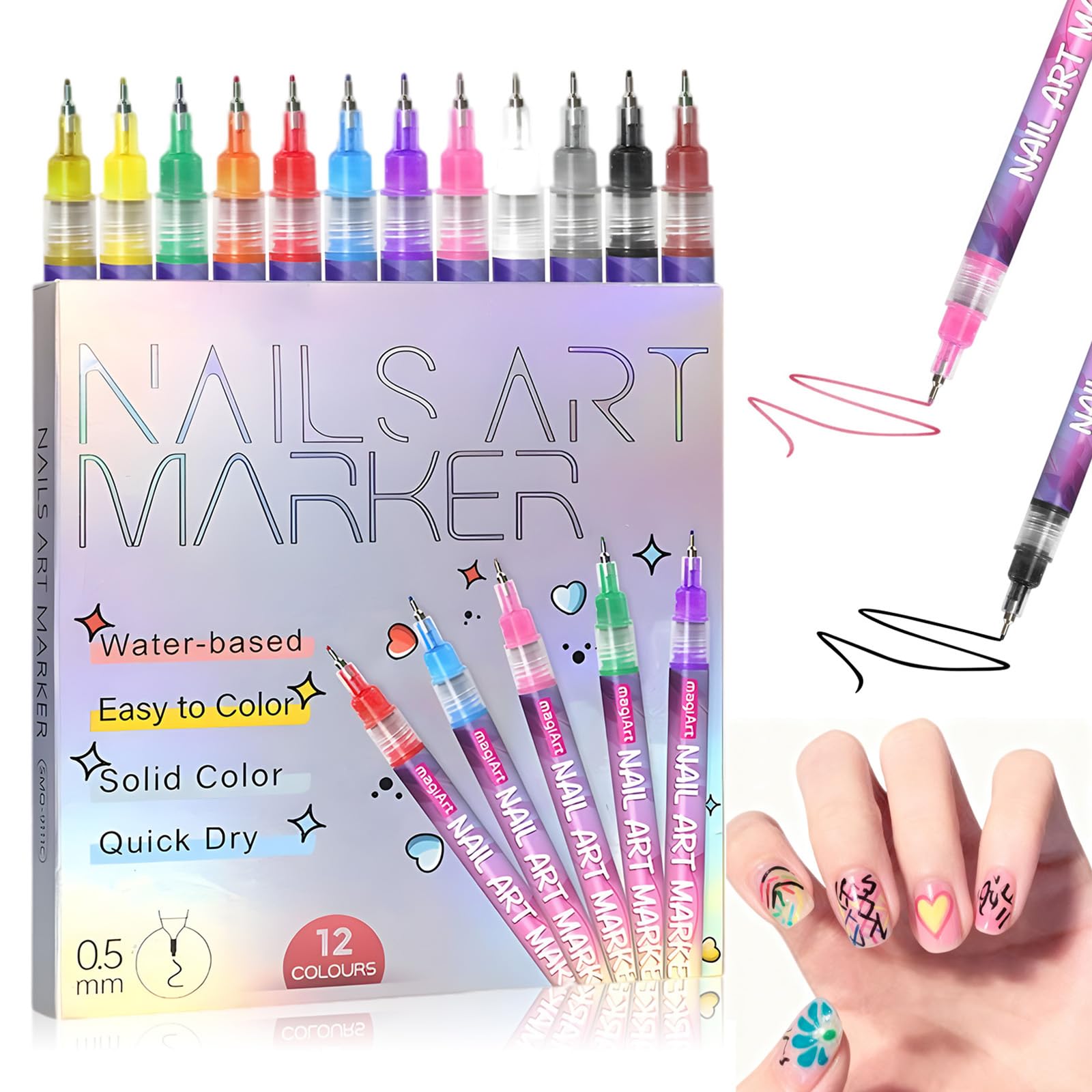 Stylo art des ongles: set de 12 couleurs, pointe 0,5 mm, dessins précis sur ongles.