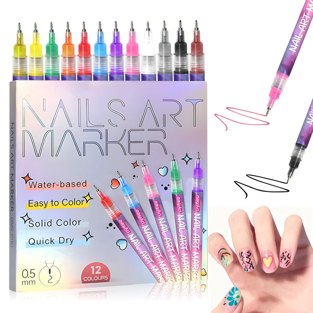 Stylo art des ongles: set de 12 couleurs, pointe 0,5 mm, dessins précis sur ongles.