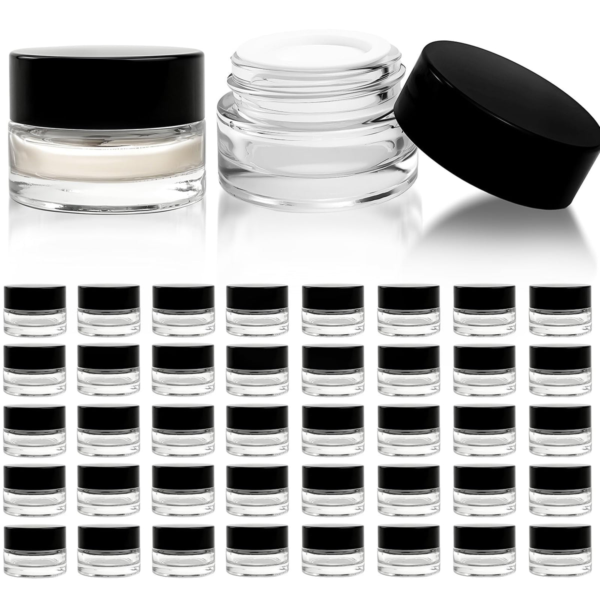 Pot Seuqhck de 5 ml en verre clair avec bouchon noir, pratique pour échantillons et voyage.