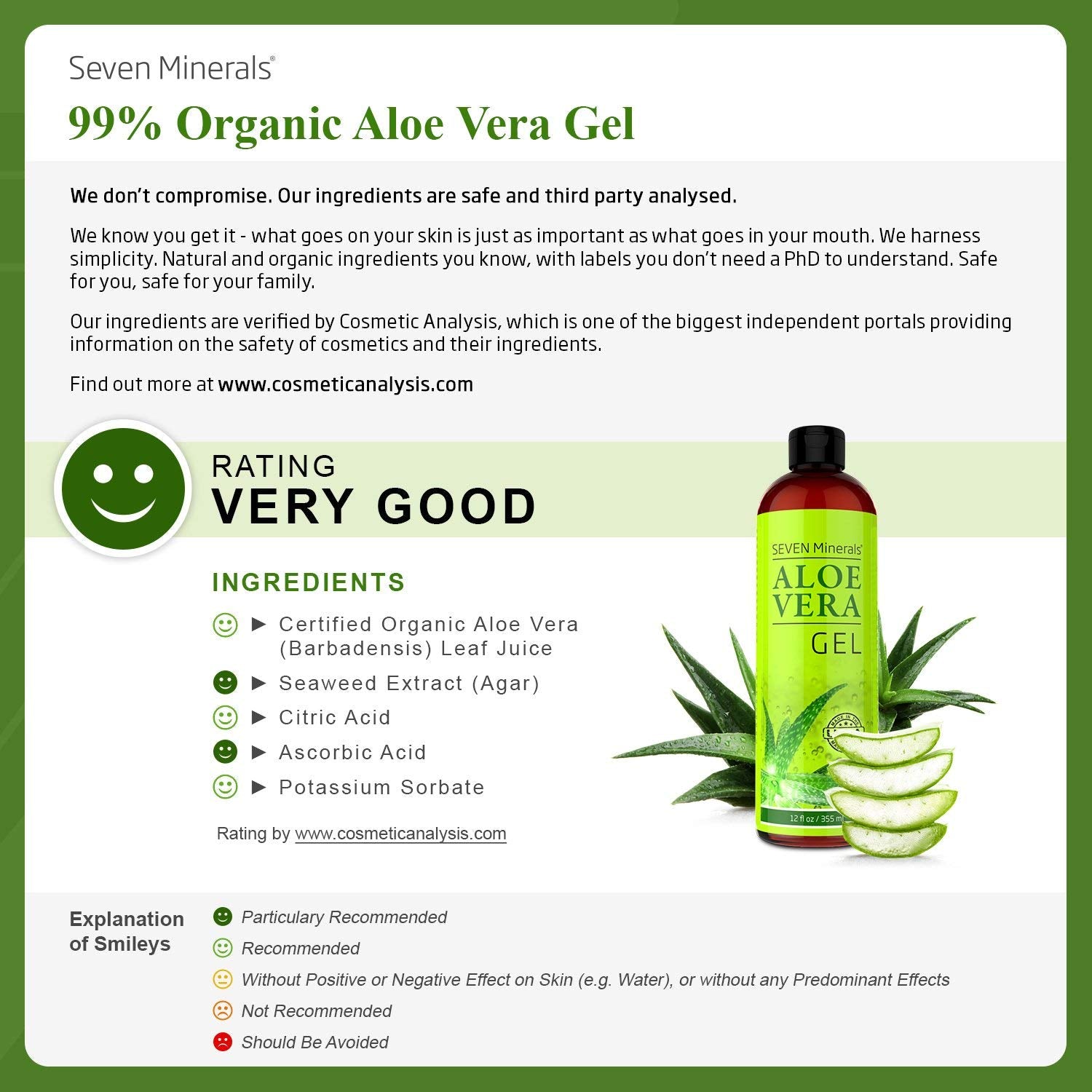 Gel d’Aloe Vera Seven Minerals au jus réel, sans poudre, pour peau et cheveux.