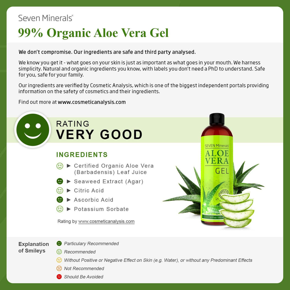 Gel d’Aloe Vera Seven Minerals au jus réel, sans poudre, pour peau et cheveux.