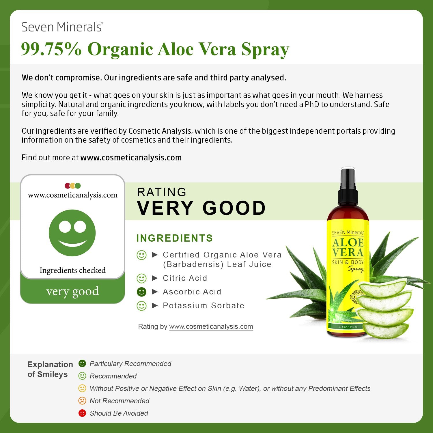 Seven Minerals Aloé Vera Spray, application facile pour une peau hydratée.