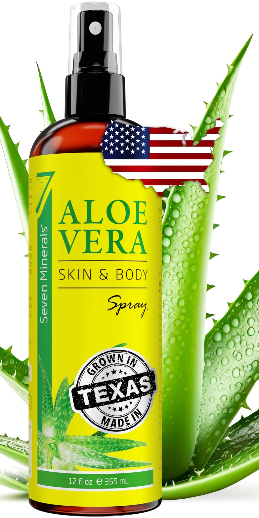 Seven Minerals Aloe Vera Spray, Bouteille 12oz, hydratation rapide pour peau et cheveux.