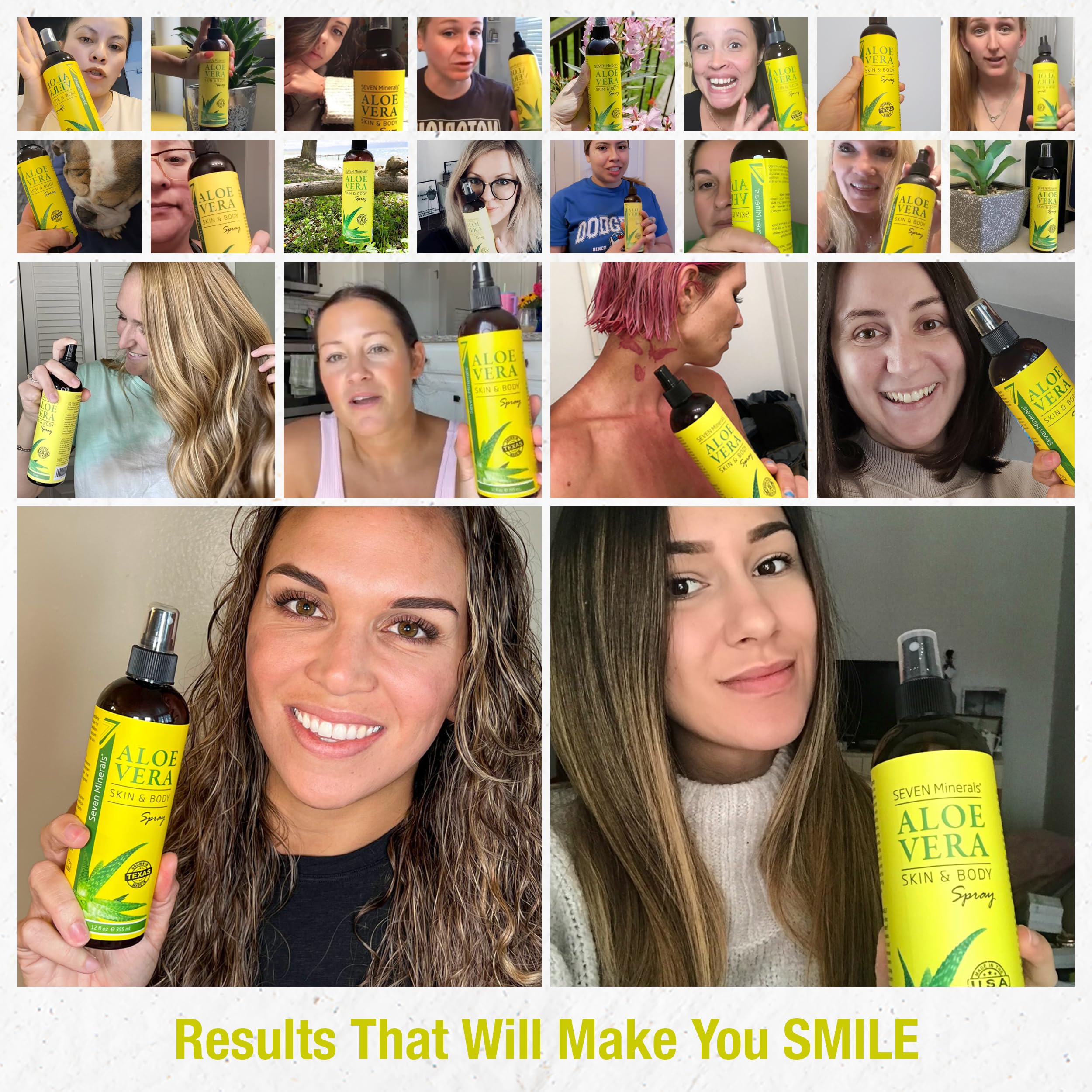 Seven Minerals Aloe Vera Spray – fabriqué aux États‑Unis, soin quotidien pour peau souple.