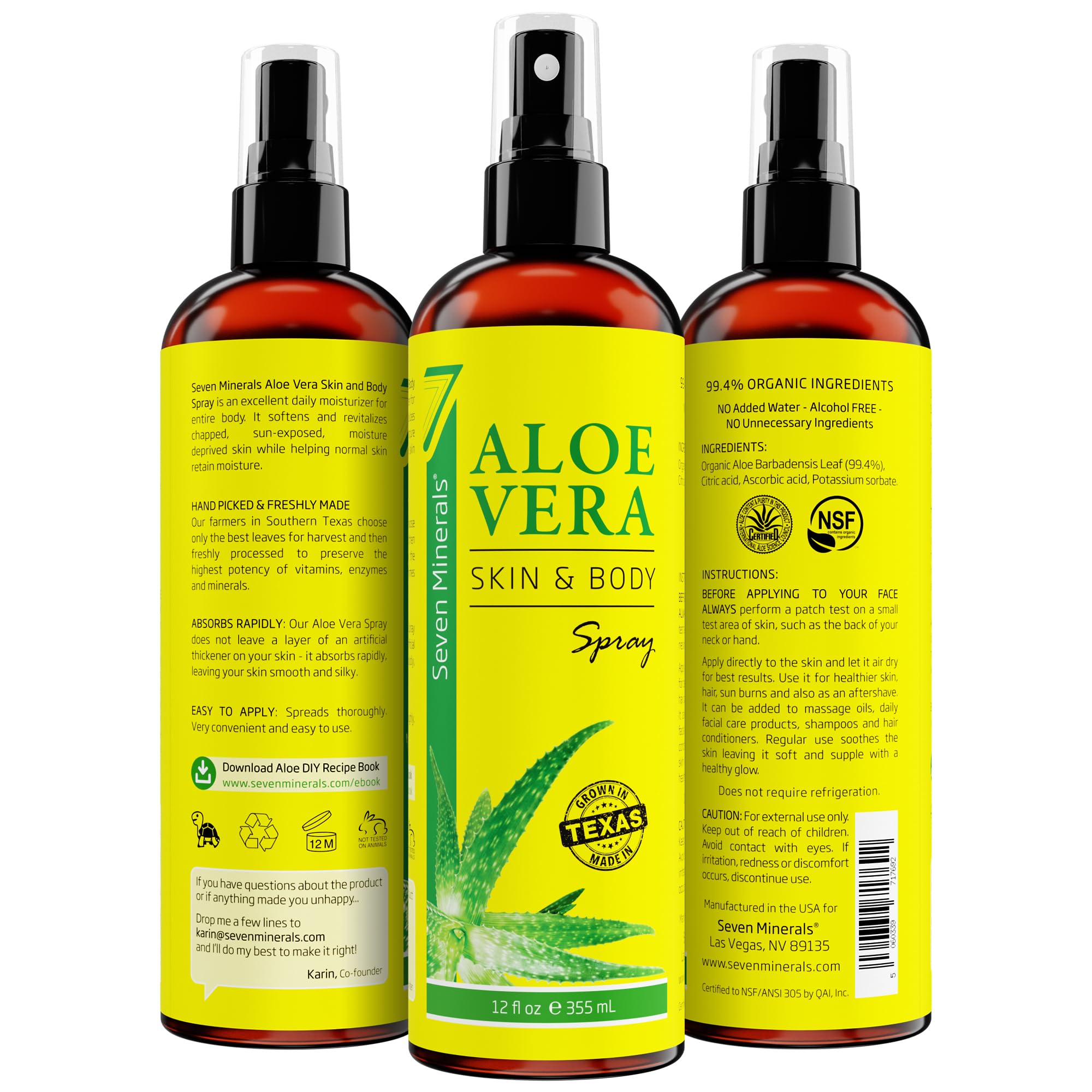 Seven Minerals Aloe Vera Spray – format généreux 12 onces, pratique en voyage et à la maison.
