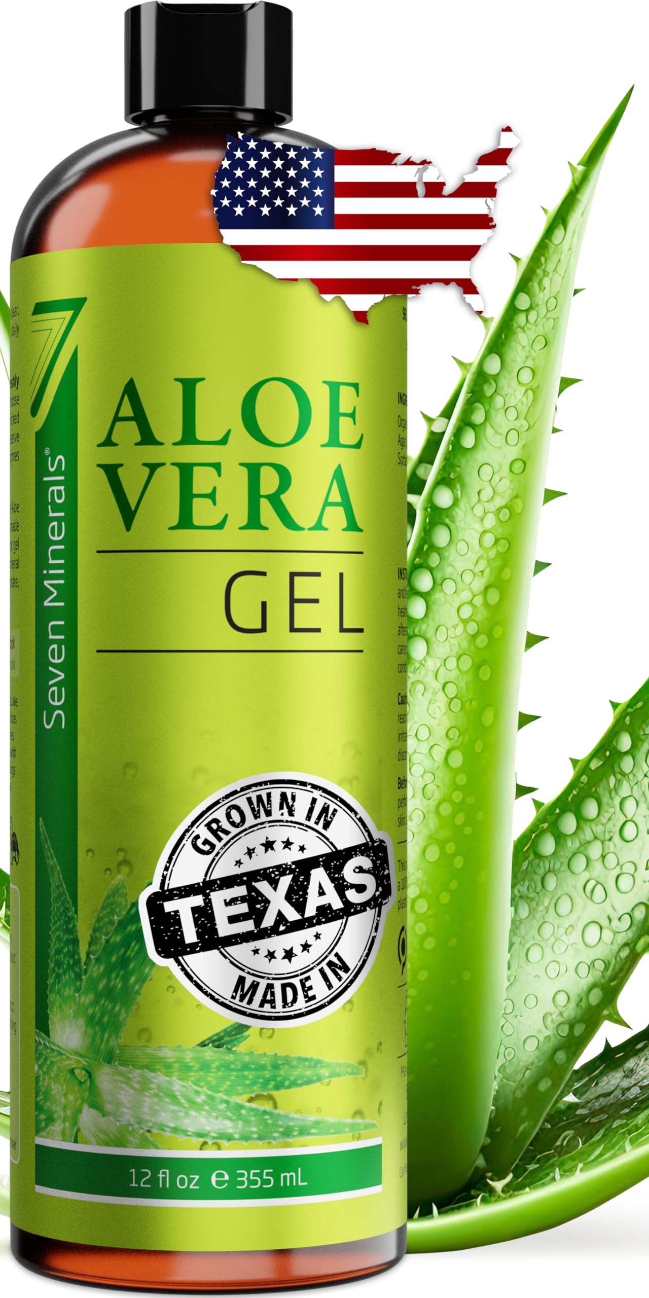 Seven Minerals gel Aloe Vera – bouteille 12oz, hydratation polyvalente.