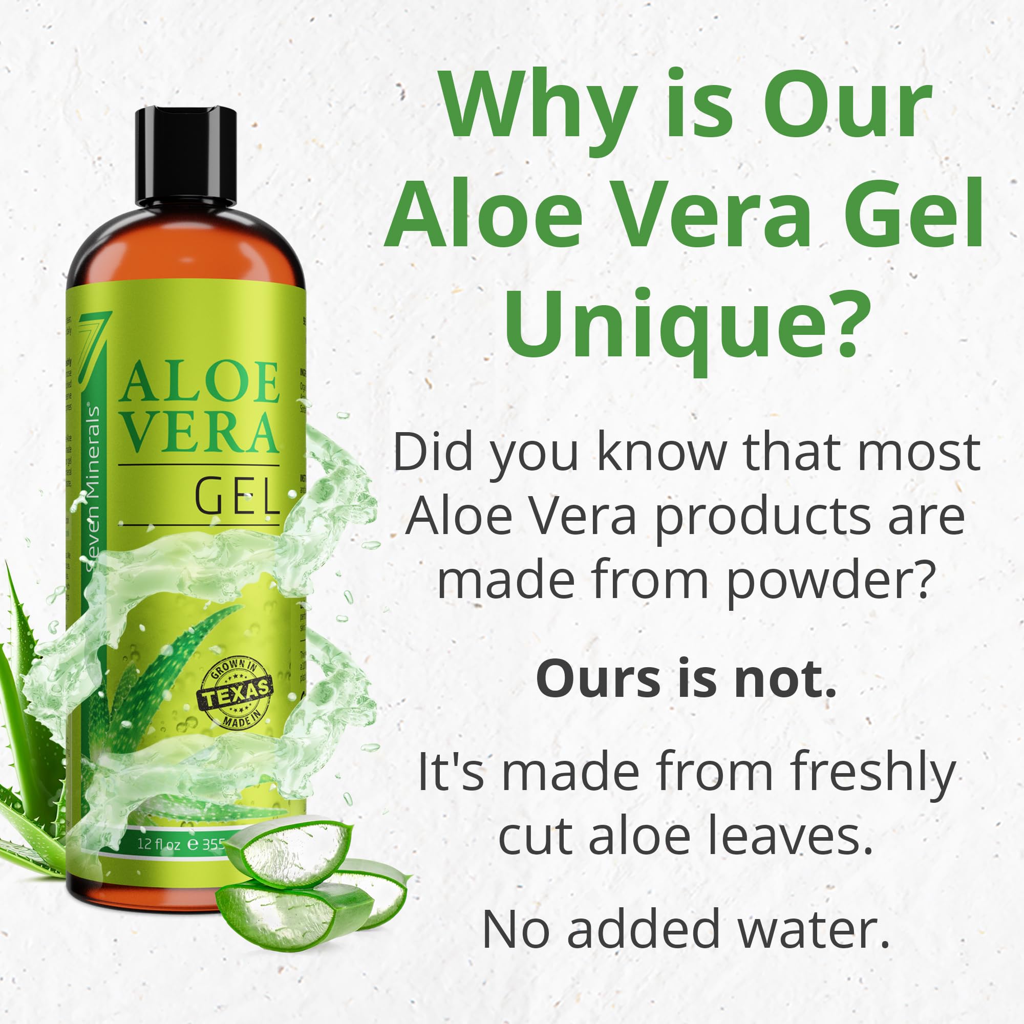 Utilisation visage et cheveux avec Seven Minerals Aloe Vera pour hydratation quotidienne.