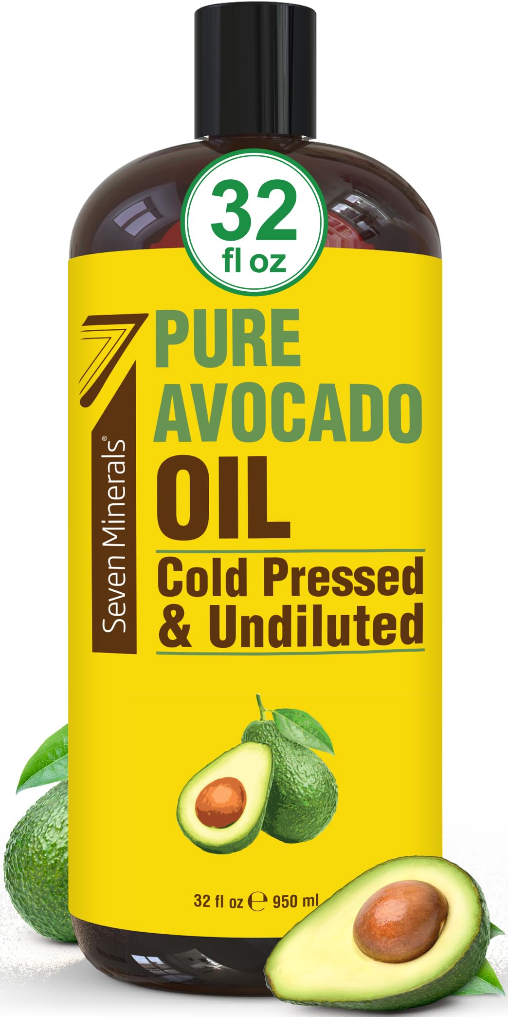 Seven Minerals huile d'avocat, flacon presse-a-froid, pure et nourrissante.