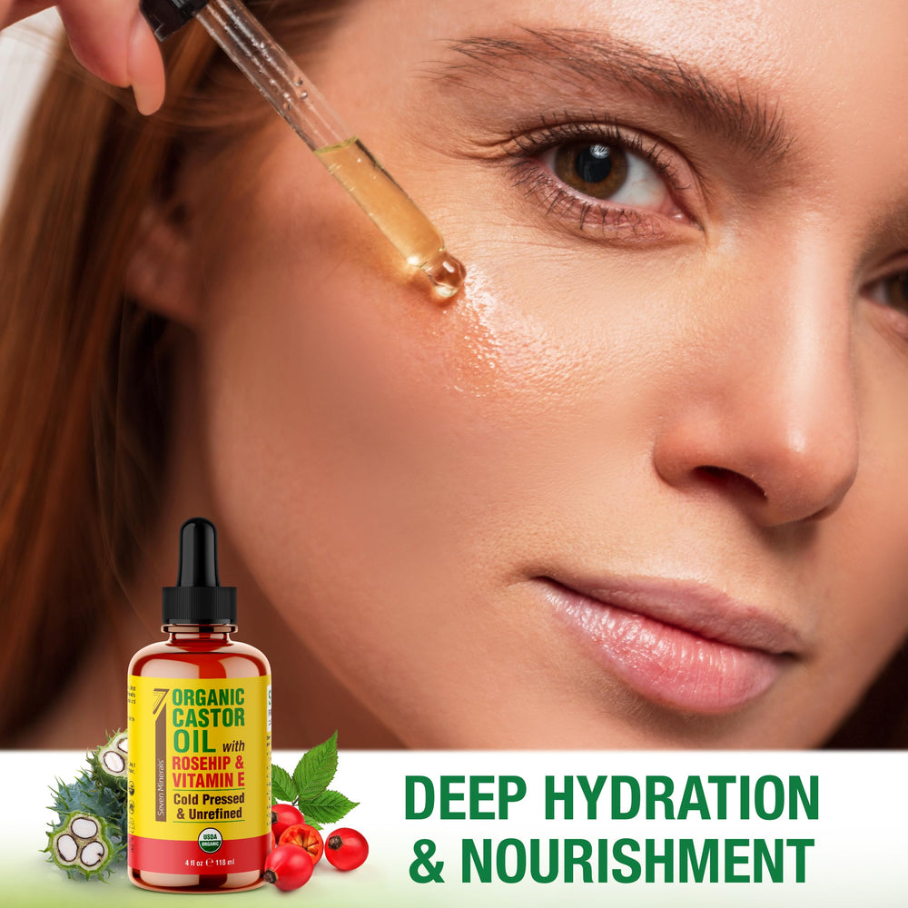 Seven Minerals huile de ricin, massage cuir chevelu pour hydratation et vitalité.