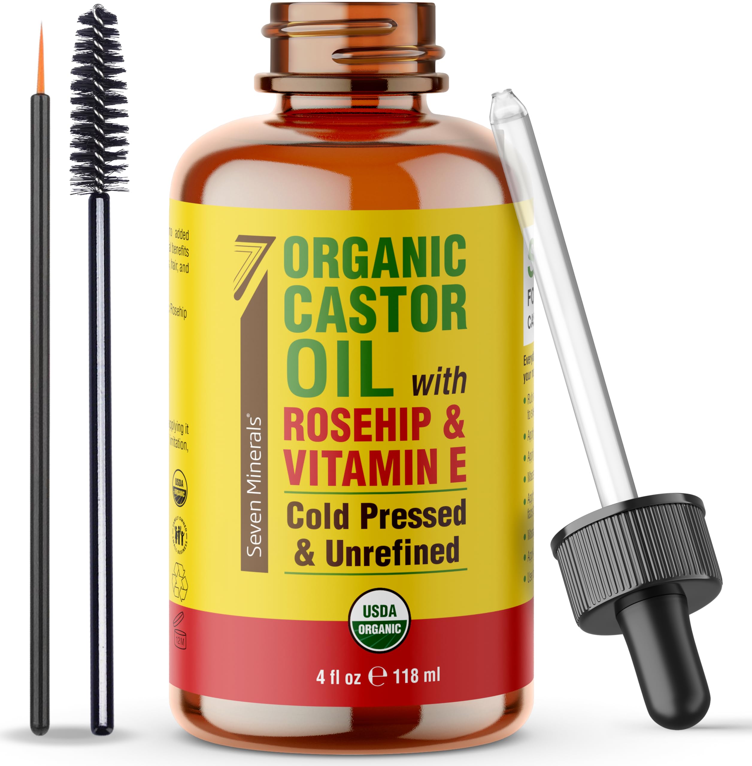 Seven Minerals huile de ricin rose-musquée dans une bouteille, soin nourrissant pour cils et sourcils.