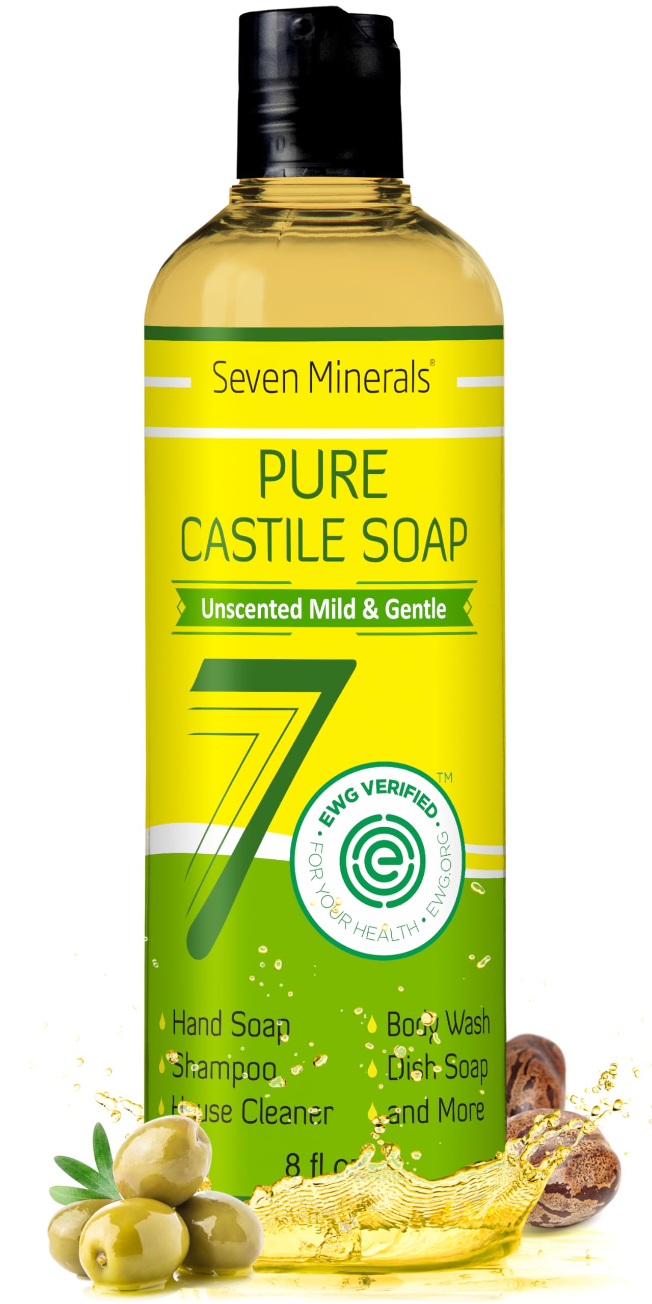Seven Minerals Pure Castile, bouteille 8oz, douceur naturelle pour toute la famille.