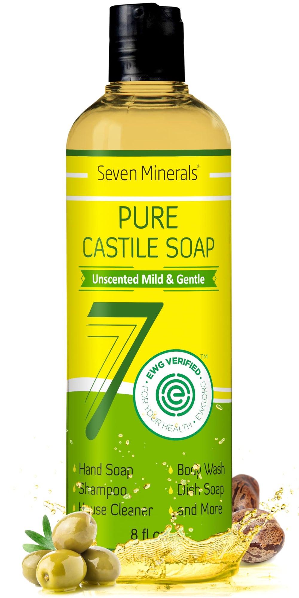 Seven Minerals Pure Castile, bouteille 8oz, douceur naturelle pour toute la famille.