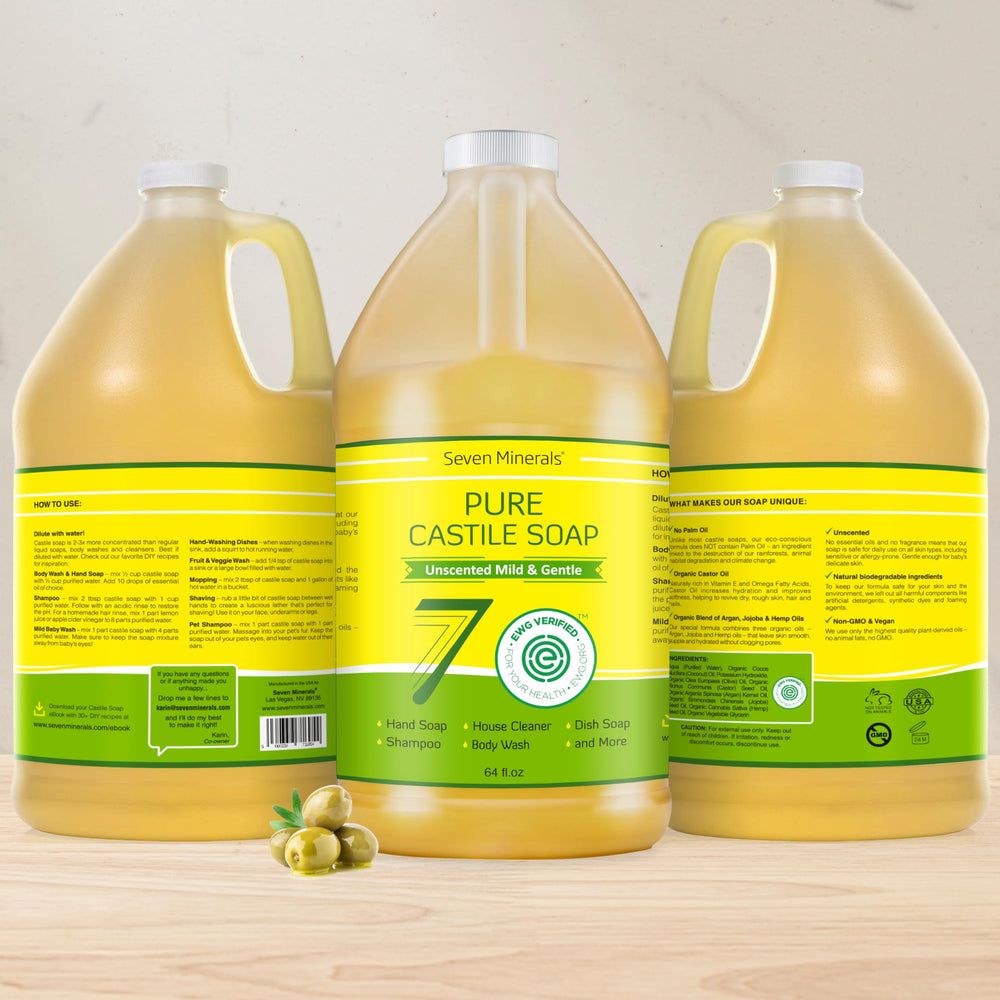 Seven Minerals Pure Castile – Bouteille avec système de dispense et mousse riche
