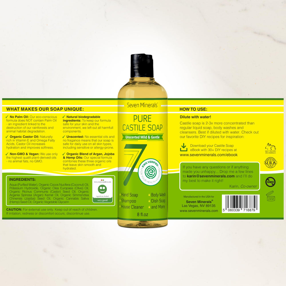Seven Minerals Pure Castile, e-book recettes inclus pour personnaliser vos nettoyages.