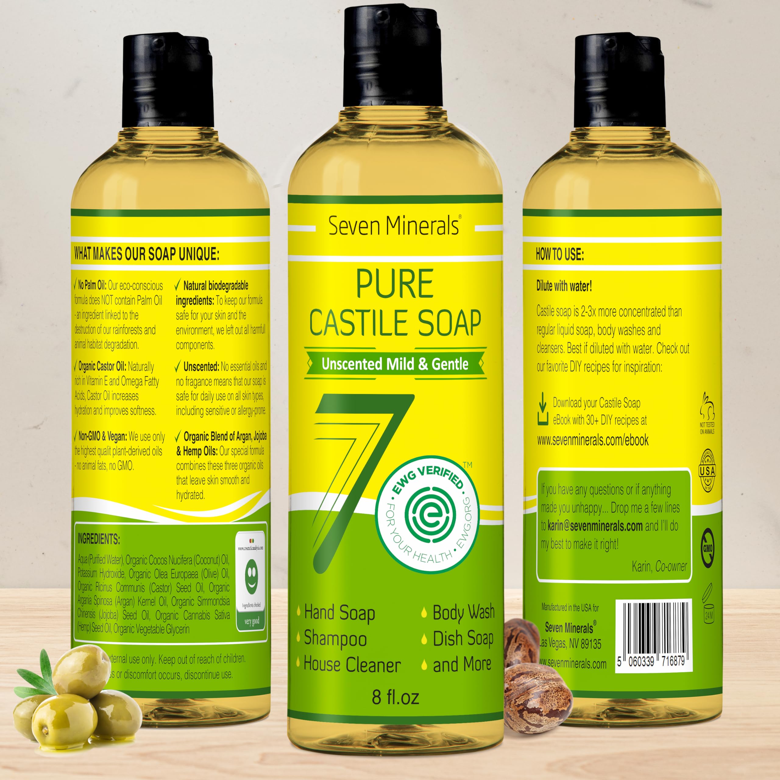 Seven Minerals Pure Castile, ingrédients organiques visibles pour peau plus douce.