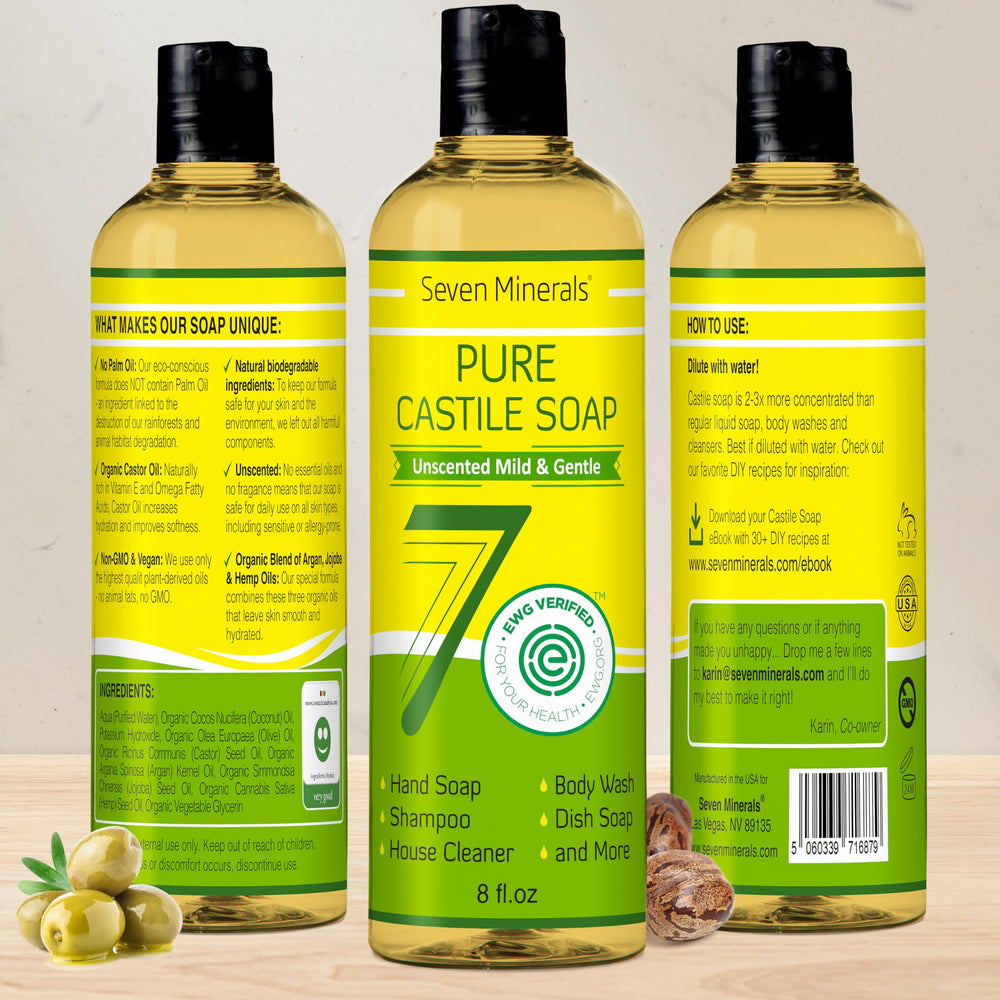 Seven Minerals Pure Castile, ingrédients organiques visibles pour peau plus douce.