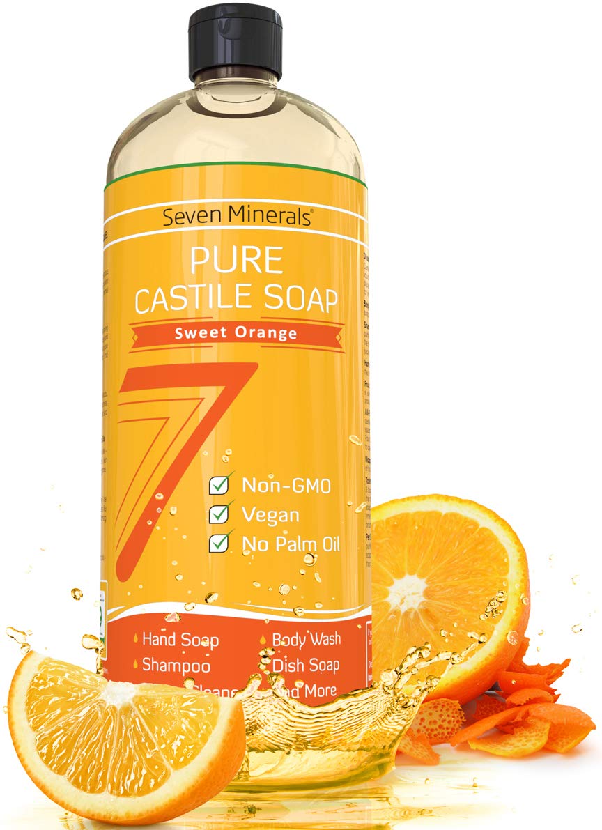 Seven Minerals Pure Castile Soap Sweet Orange bottle showing eco-friendly formula for sensitive skin