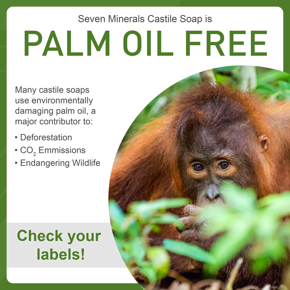 Label close-up of Seven Minerals Sweet Orange Castile Soap highlighting palm oil free