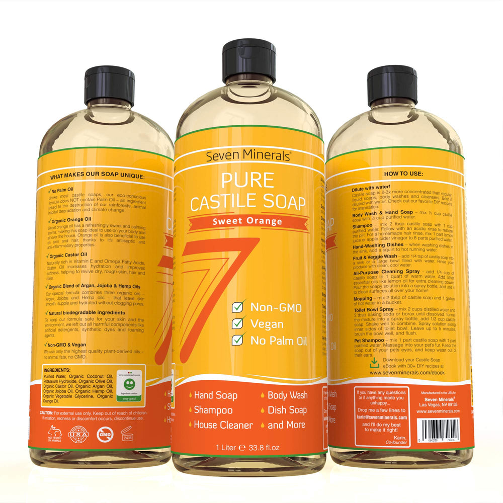 Pour of Seven Minerals Castile Soap Sweet Orange forming gentle cleansing foam