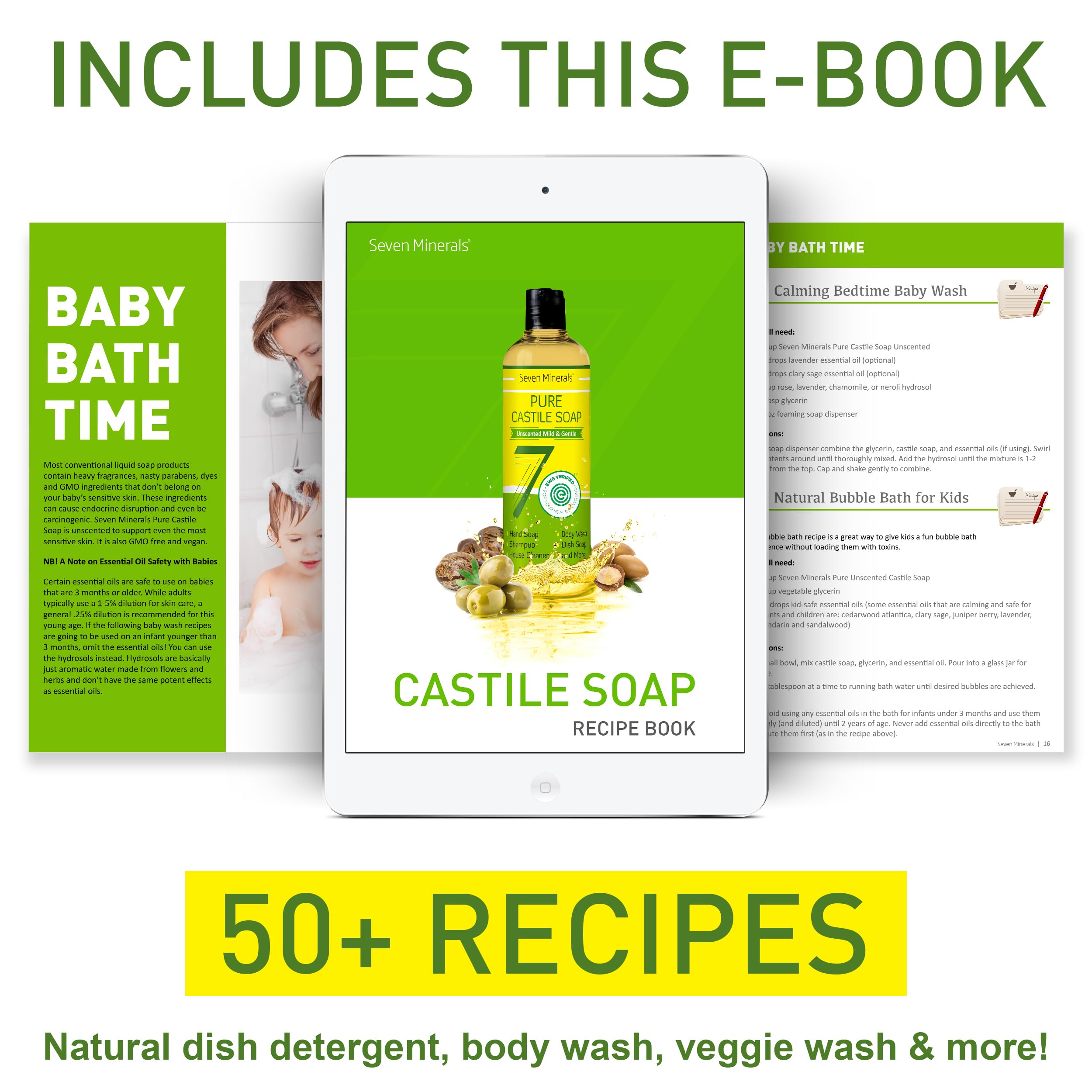 Seven Minerals Pure Castile, utilisations multiples: corps, vaisselle, lessive.
