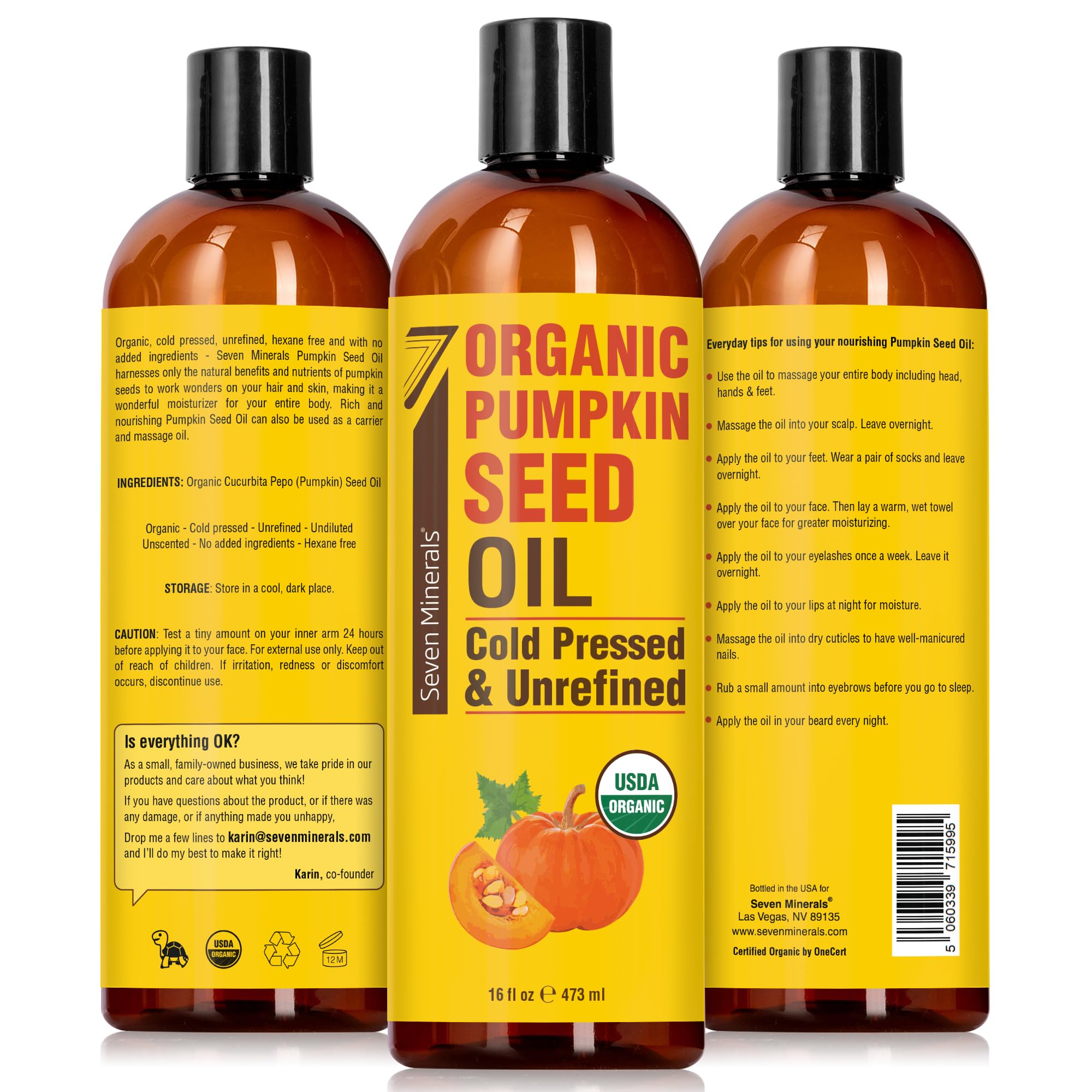 Seven Minerals huile graines courge certifiée biologique USDA – soin cheveux et peau
