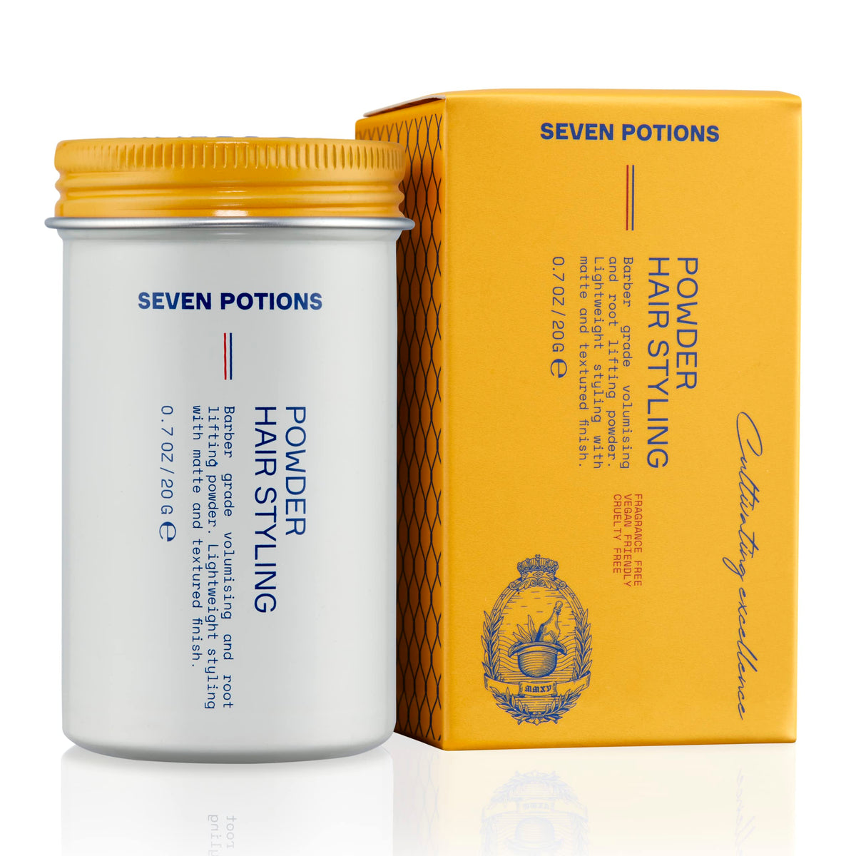 SEVEN POTIONS poudre-styling-cheveux-homme-packaging : facile à transporter et prêt à l'emploi.