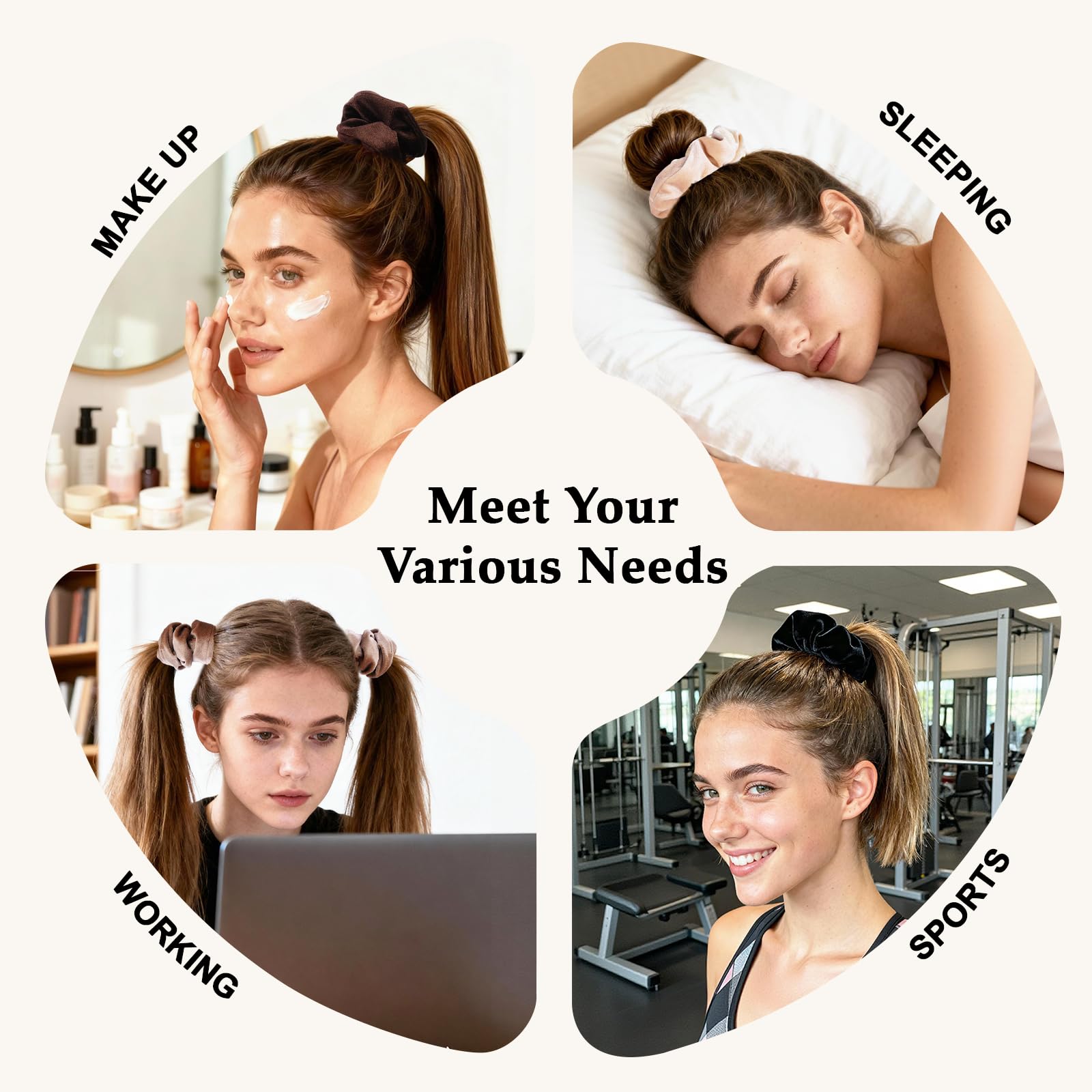 SEVEN STYLE scrunchies velours brun clair, douce tenue pour chignon rapide.