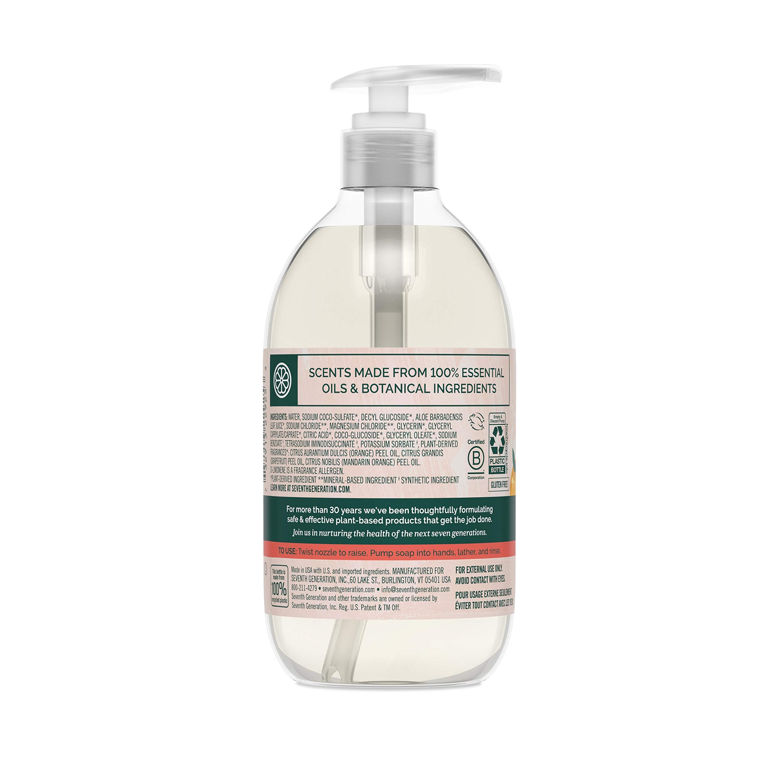 Étiquette du savon Seventh Generation indiquant ses engagements naturels