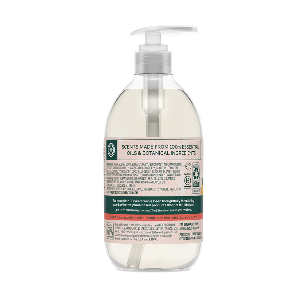 Étiquette du savon Seventh Generation indiquant ses engagements naturels