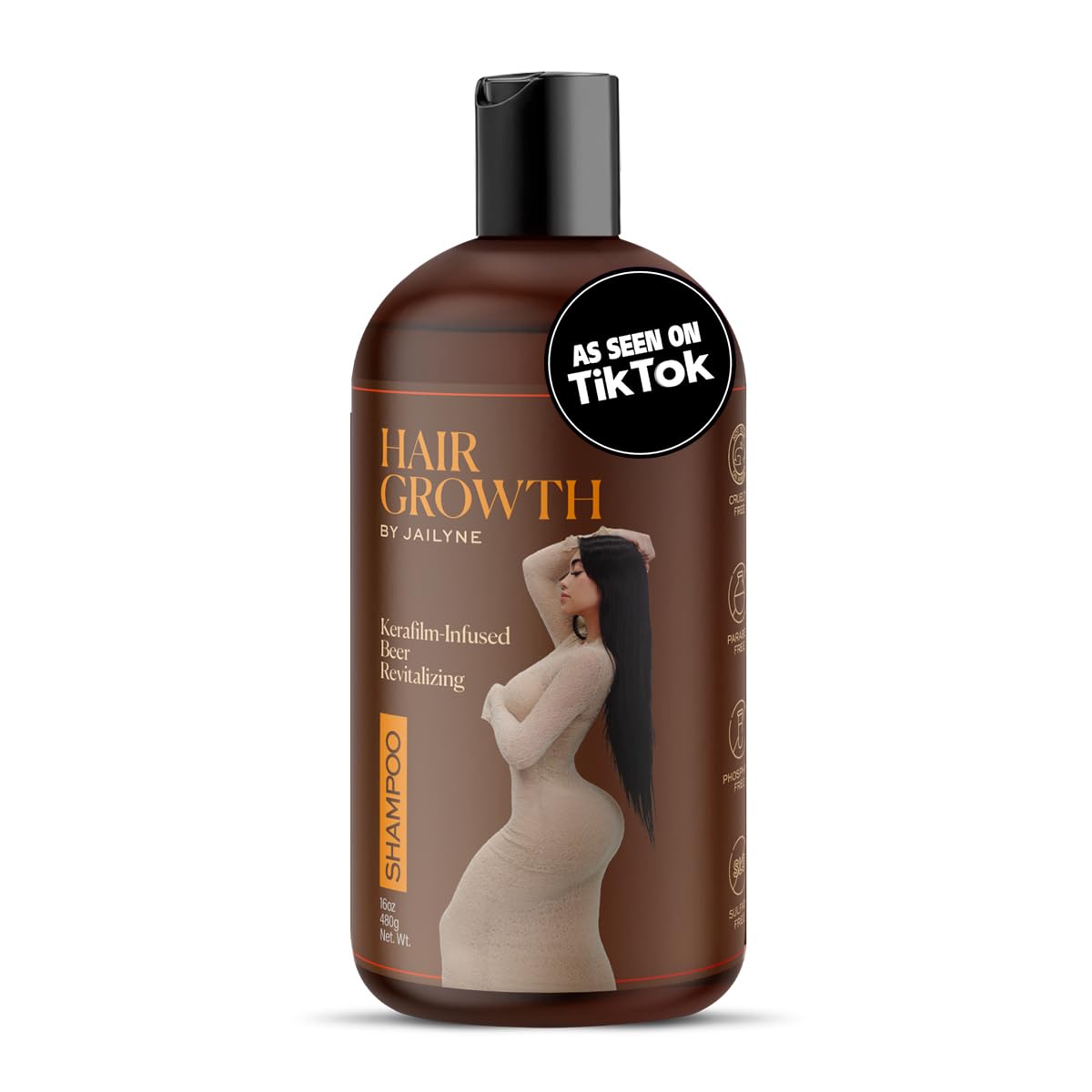 Shampoing croissance cheveux Jailyne Ojeda – bouteille visible, favorise un look plus épais et sain.