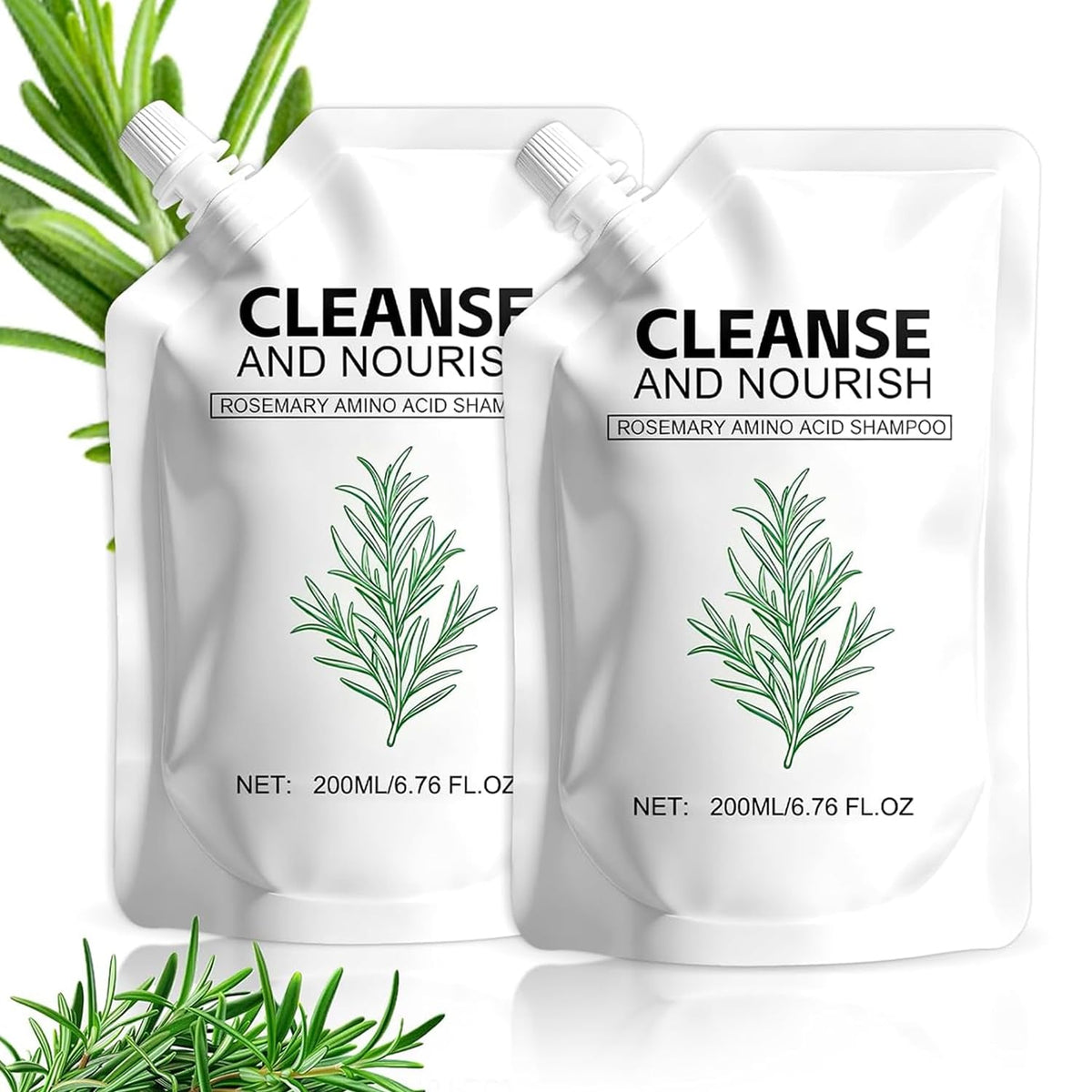 Shampooing romarin acides aminés – bouteille, racines renforcées et apparence plus dense.