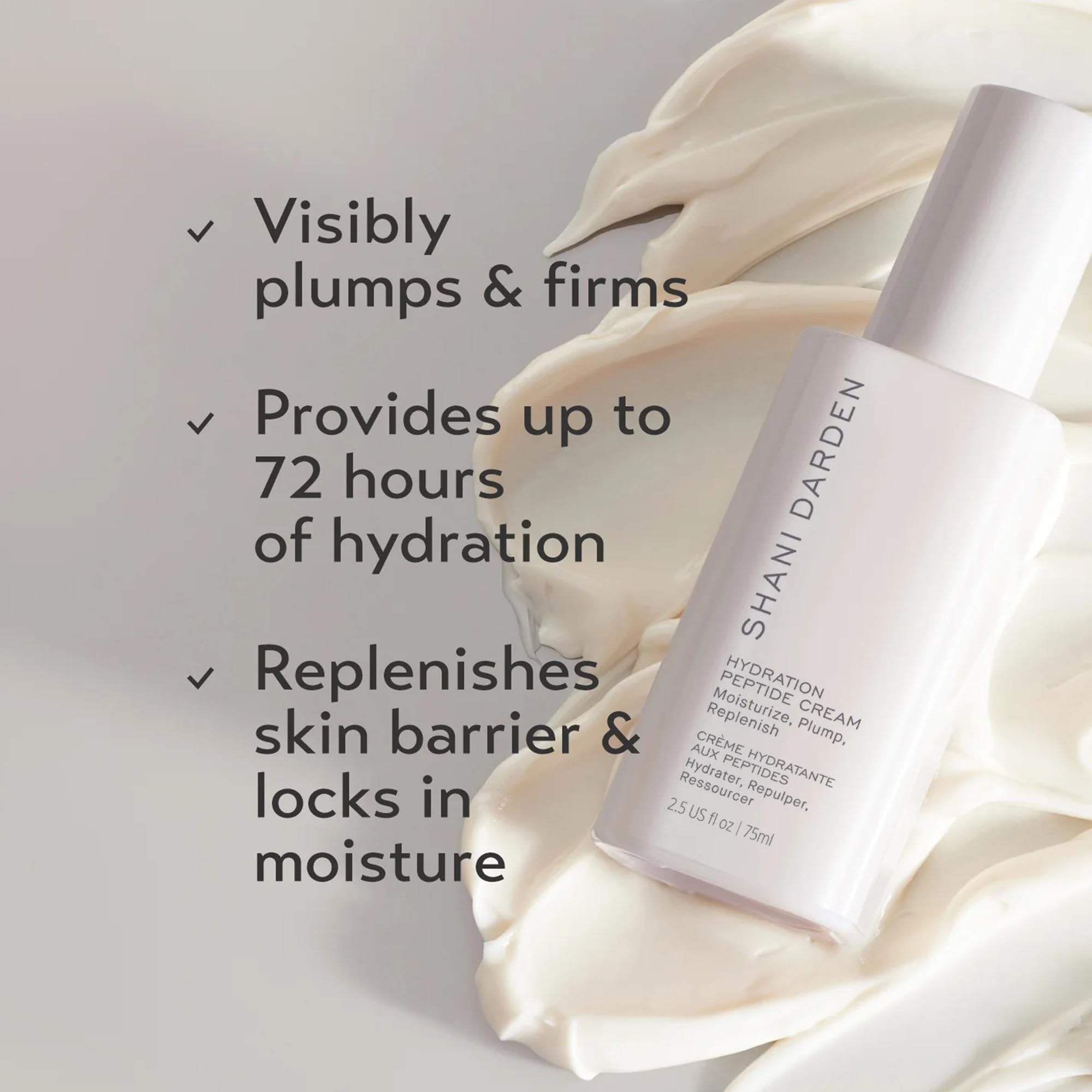 Texture crème en gros plan de SHANI DARDEN Hydration Peptide Cream pour peau normale à sèche.