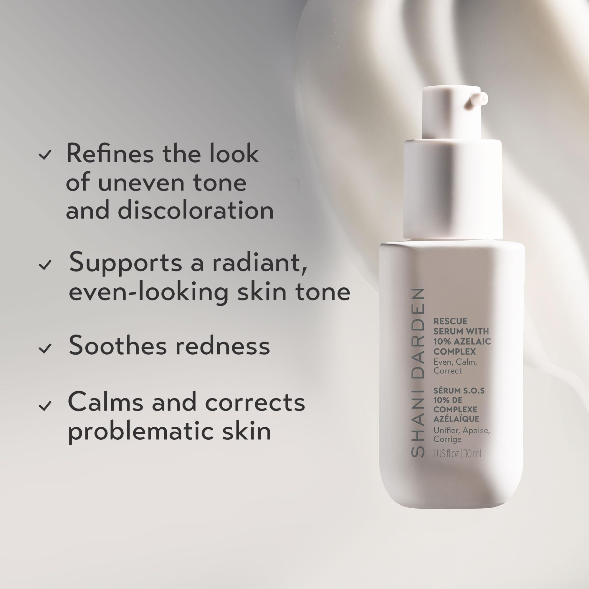 Flacon pompe du Rescue Serum hydratant, toucher léger et frais.