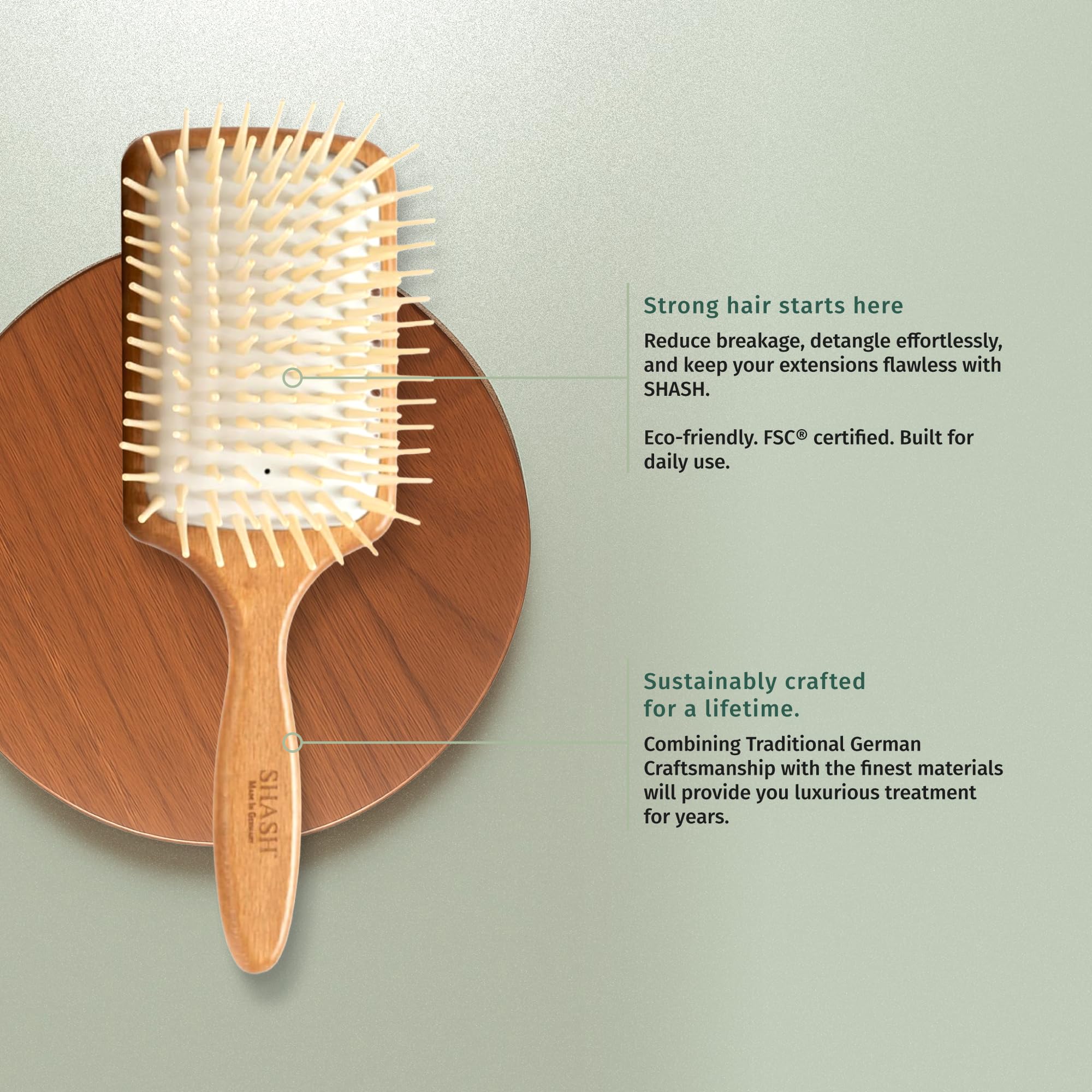 SHASH Brosse Paddle coussin-caoutchouc: massage délicat et démêlage sans tiraillement.