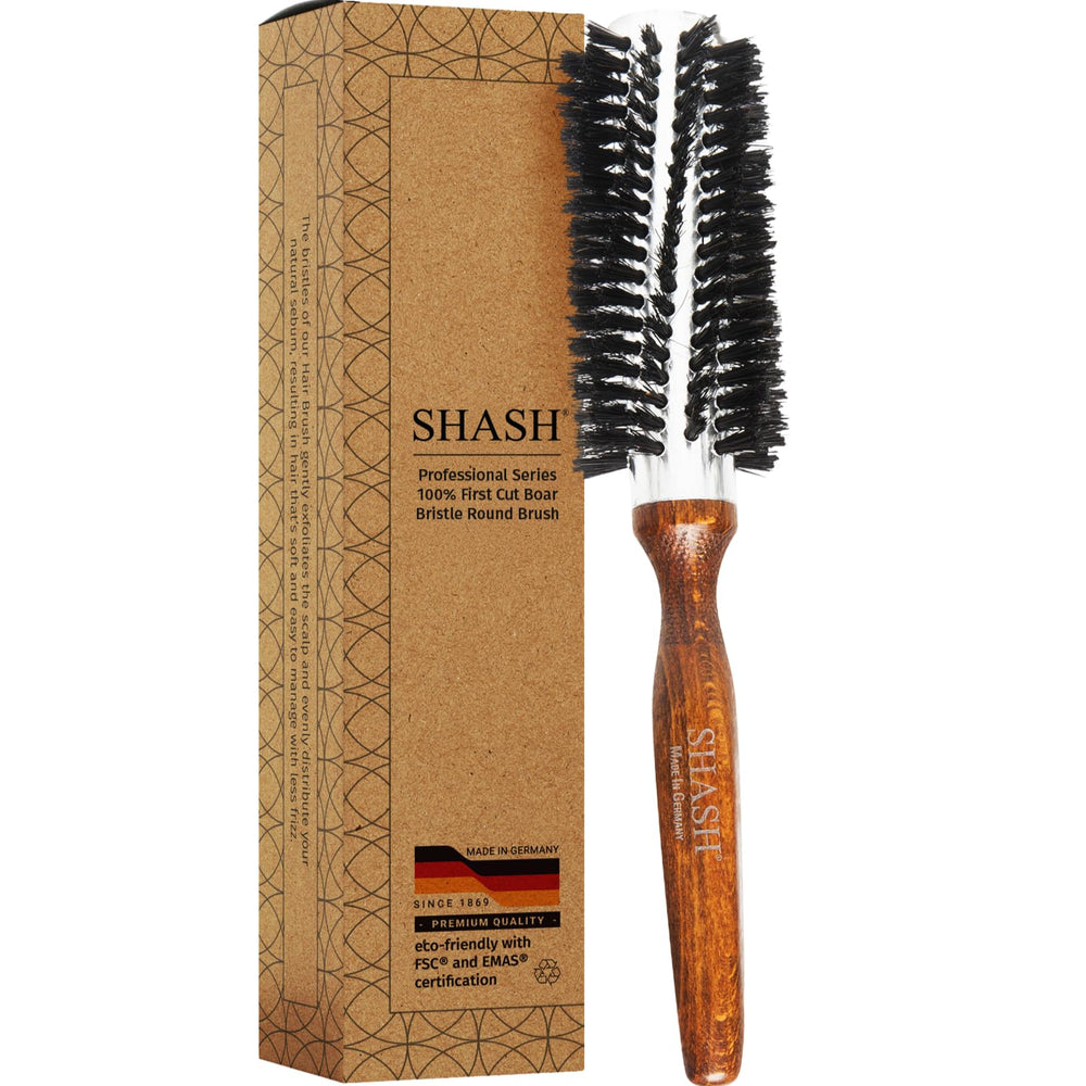 SHASH brosse ronde poil sanglier avant, volume immédiat et démêlage facile.