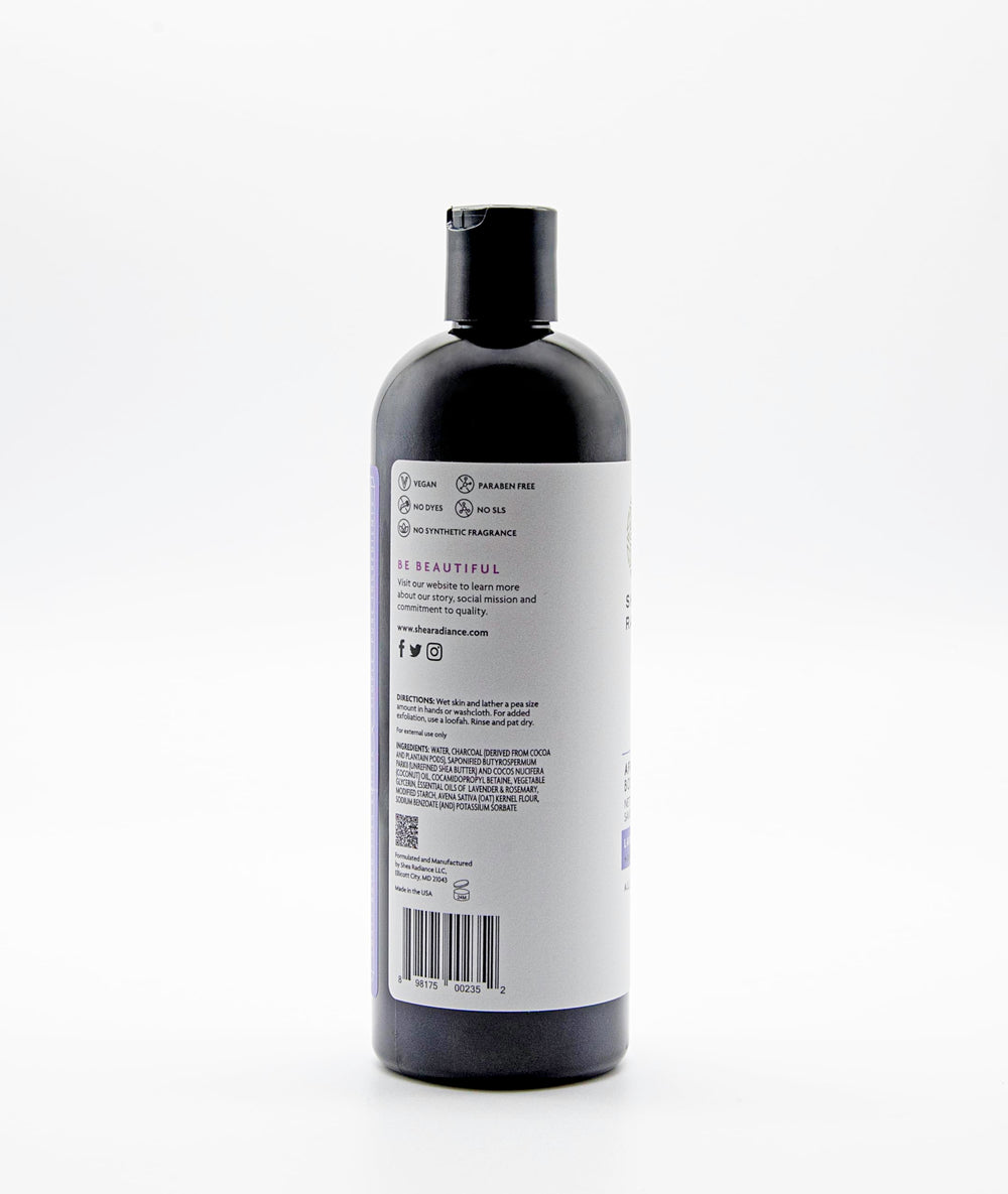 Shea Radiance body wash being poured to create luxurious foaming lather.