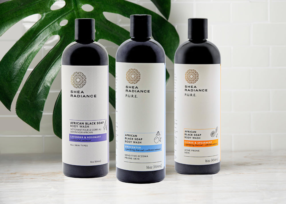 Close-up shows lavender and rosemary aroma on skin with Shea Radiance wash.
