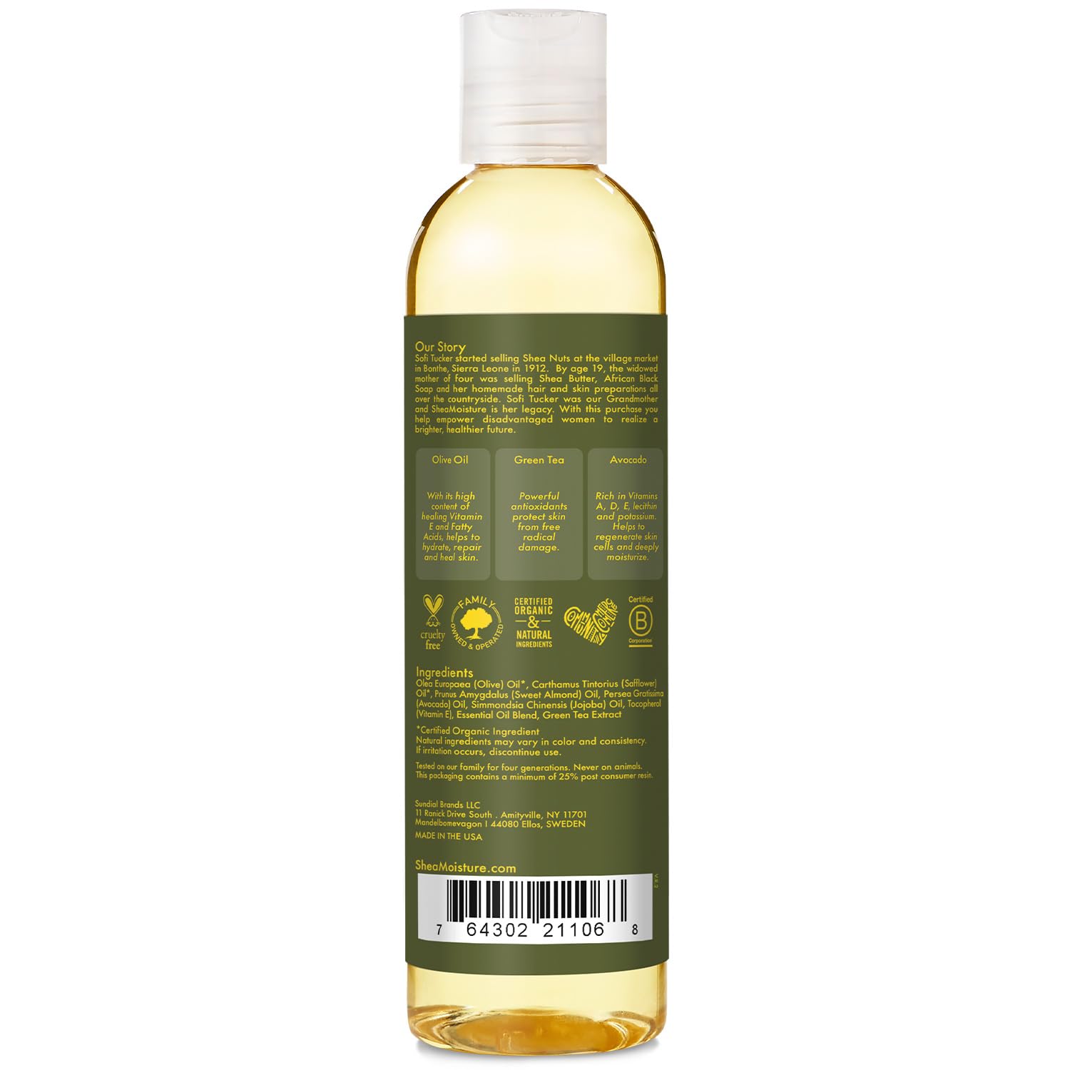 SheaMoisture huile olive-thé-vert, texture lisse facilitant le massage apaisant.