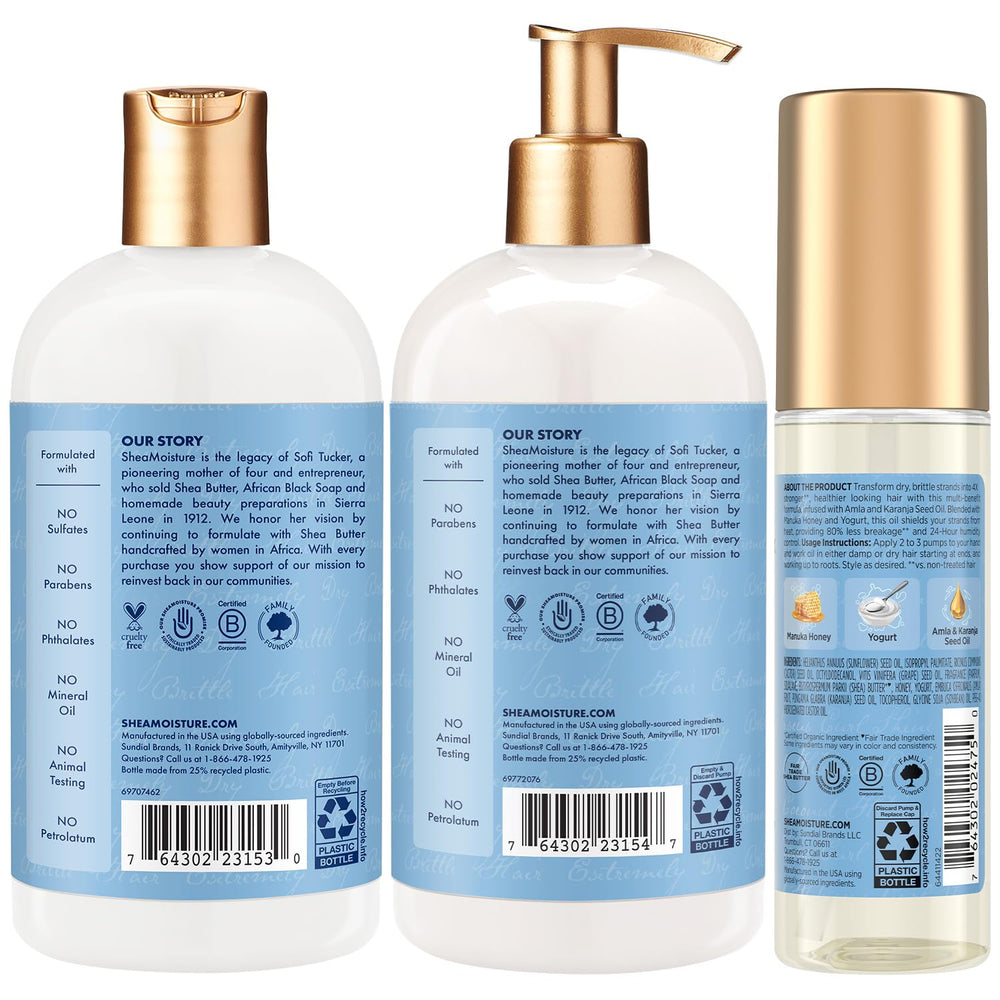 Après-shampooing SheaMoisture Miel Manuka Yaourt en flacon, démêle et nourrit.