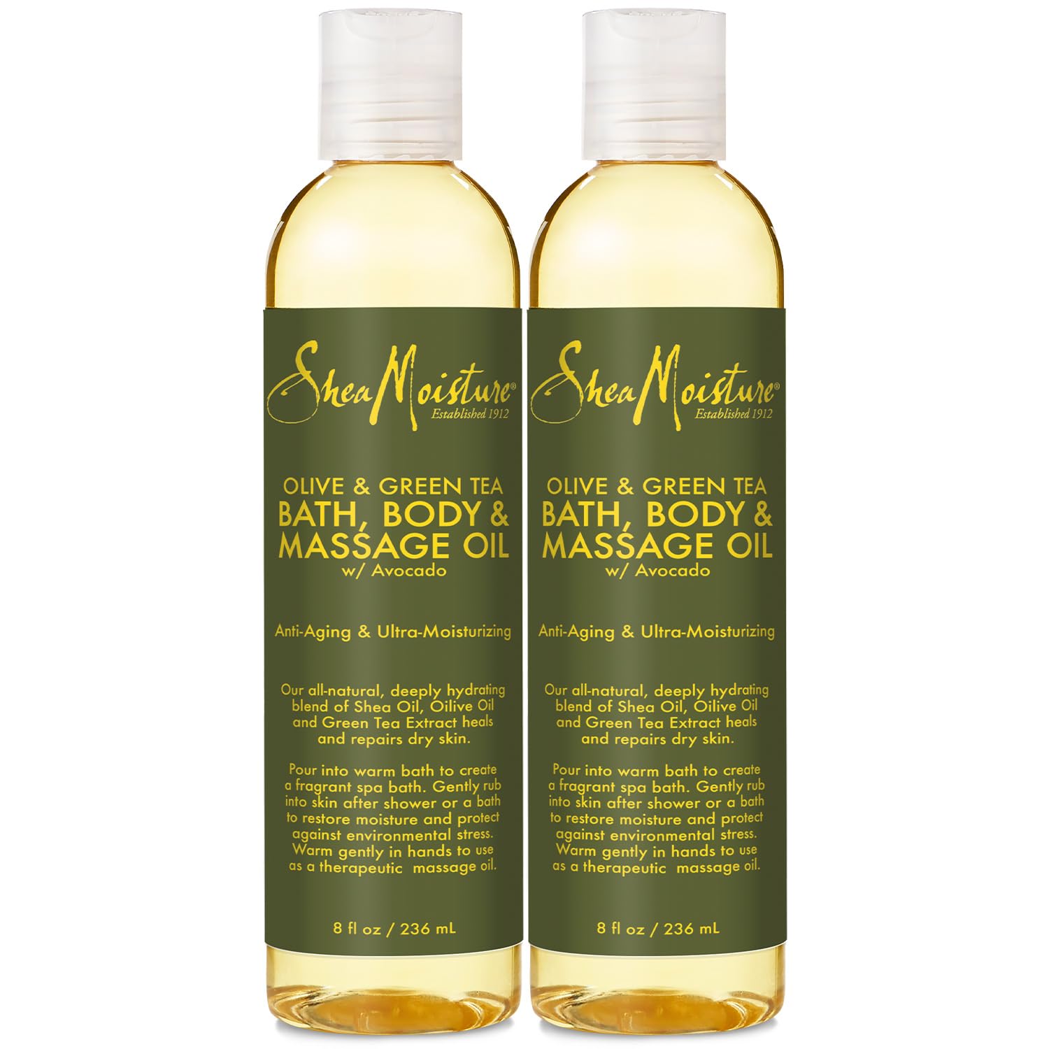 SheaMoisture Olive & Thé Vert – flacon élégant prêt pour spa à domicile.