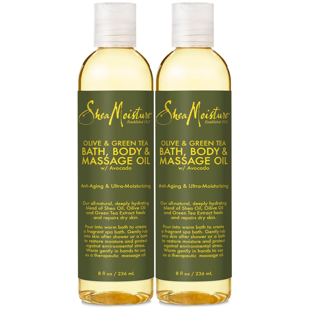 SheaMoisture Olive & Thé Vert – flacon élégant prêt pour spa à domicile.