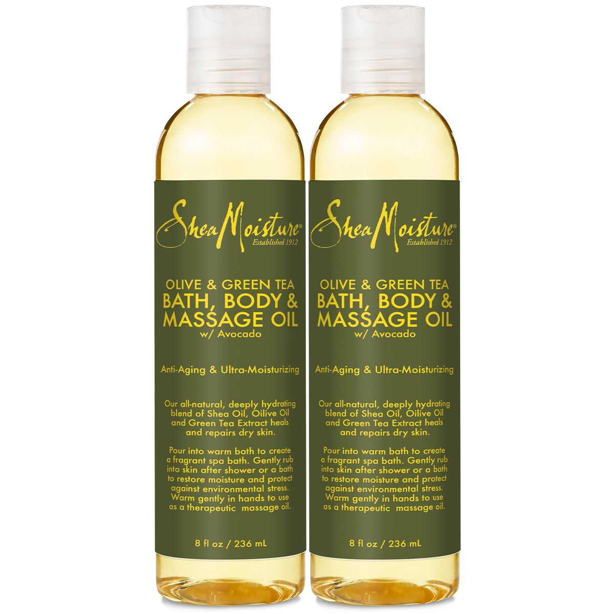 SheaMoisture Olive & Thé Vert – flacon élégant prêt pour spa à domicile.