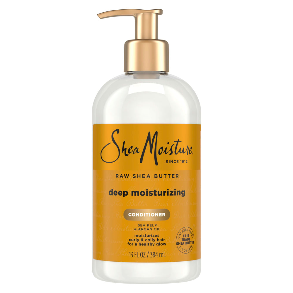 SheaMoisture conditionneur, bouteille visible, boucles nourries et hydratées après utilisation.
