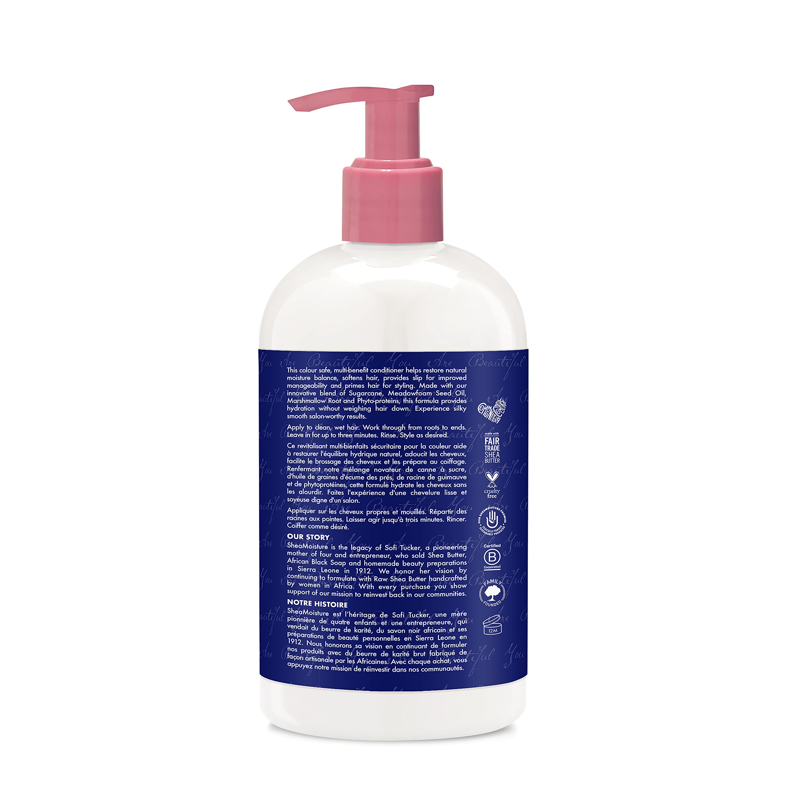 SheaMoisture, formulation hydratante légère, flacon clair, cheveux nourris sans peser.